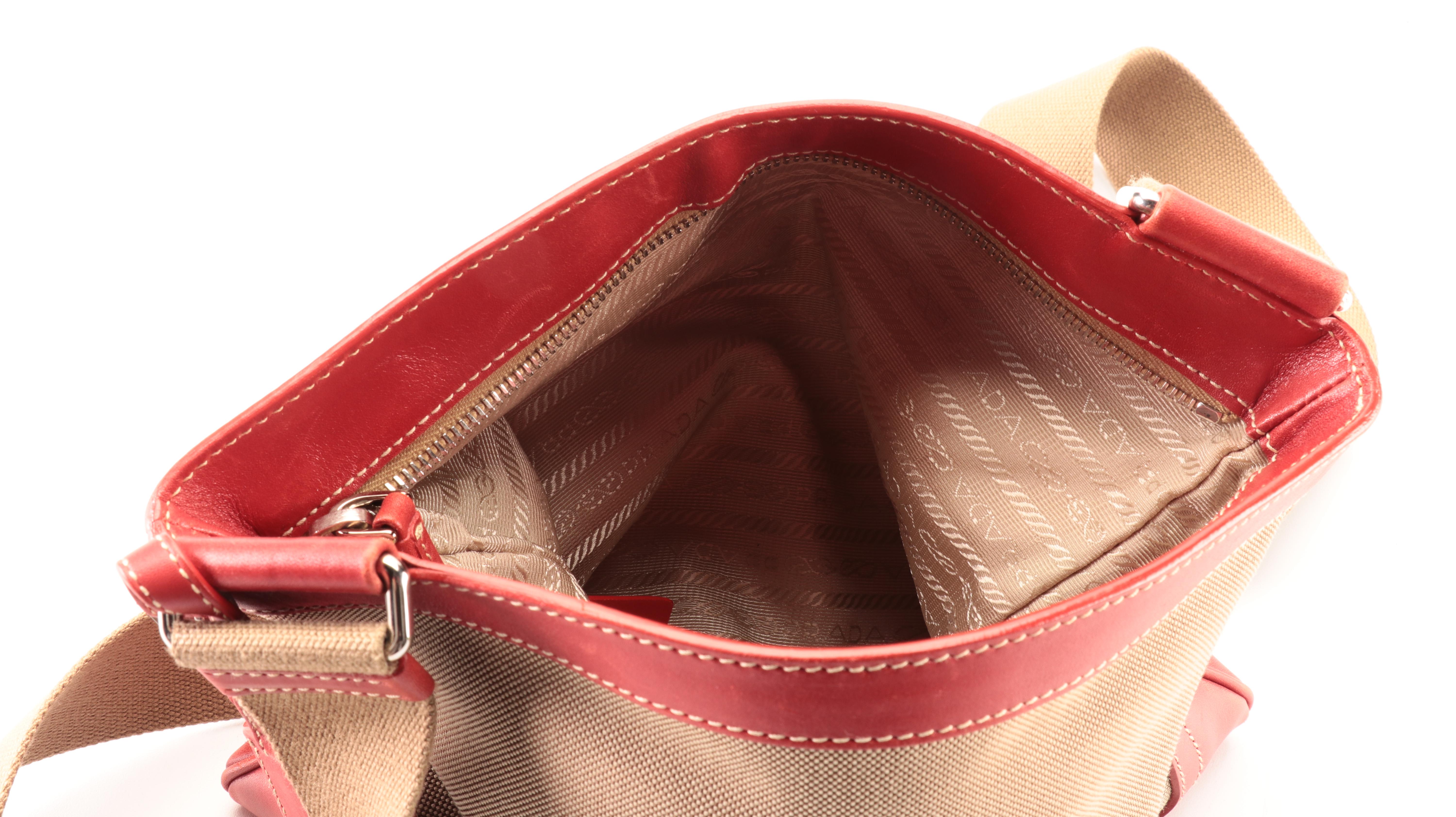 Prada Flat Crossbody Bag in Logo Jacquard and Red Leather Trim