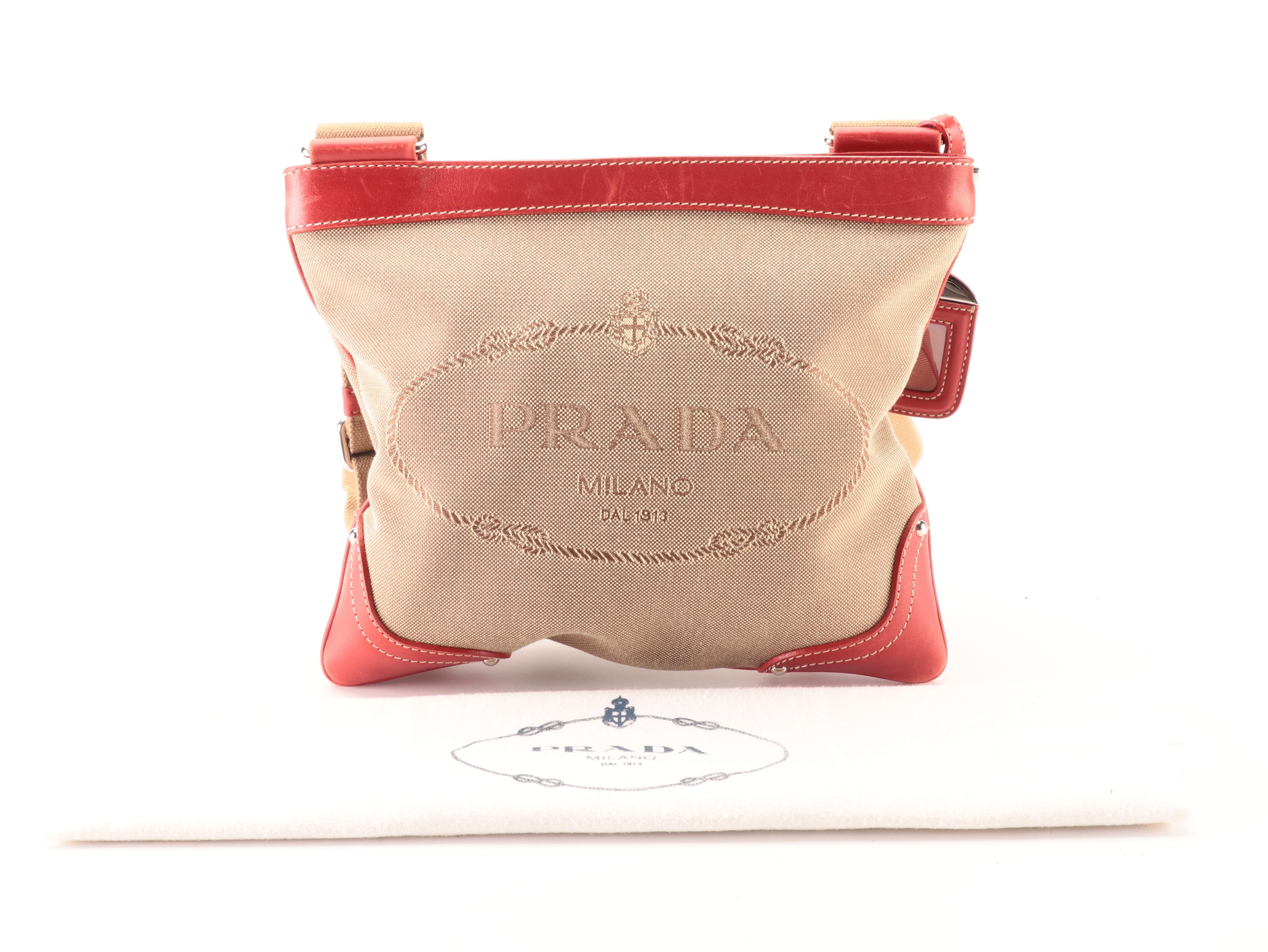Prada Flat Crossbody Bag in Logo Jacquard and Red Leather Trim