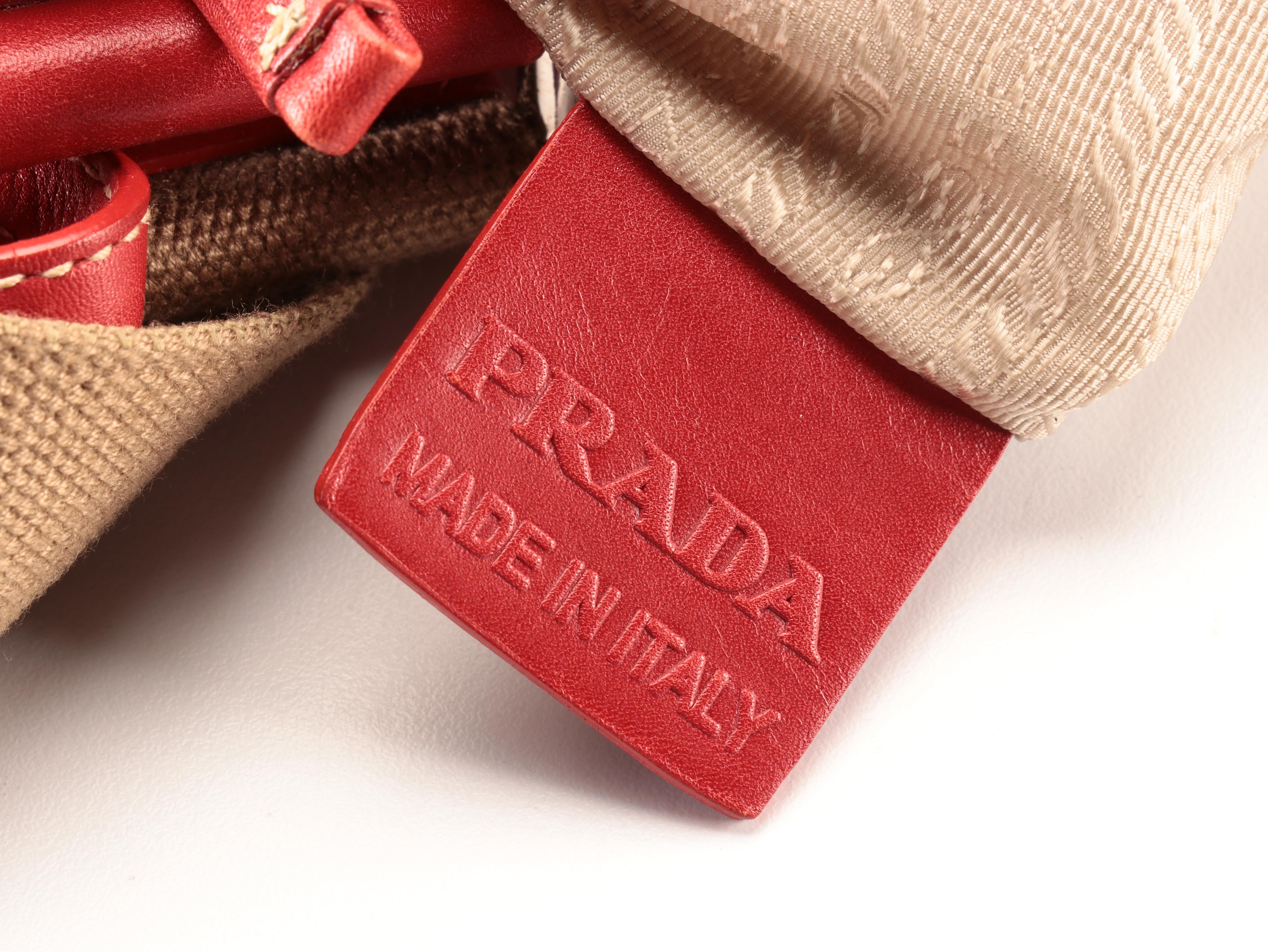 Prada Flat Crossbody Bag in Logo Jacquard and Red Leather Trim