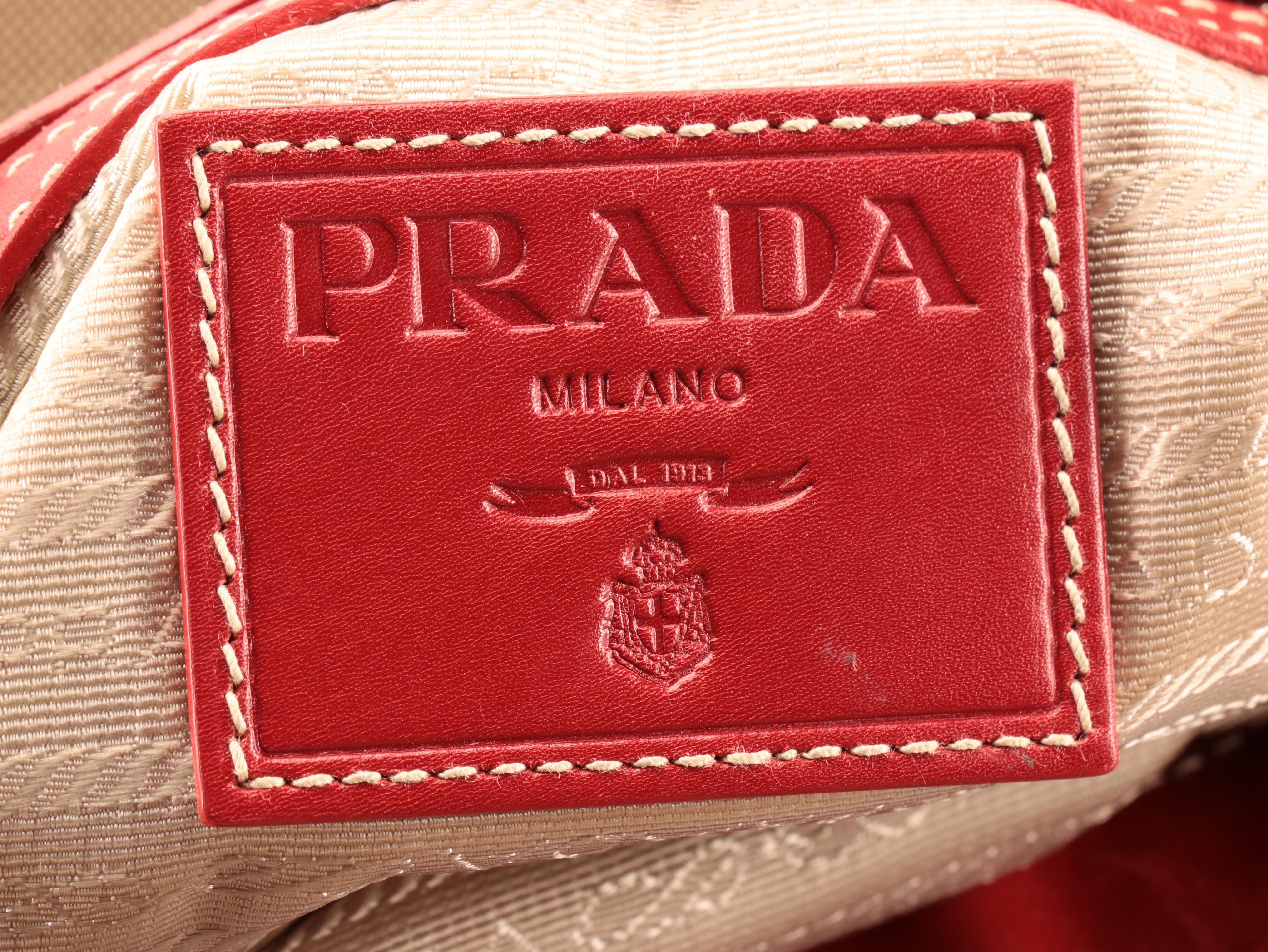 Prada Flat Crossbody Bag in Logo Jacquard and Red Leather Trim