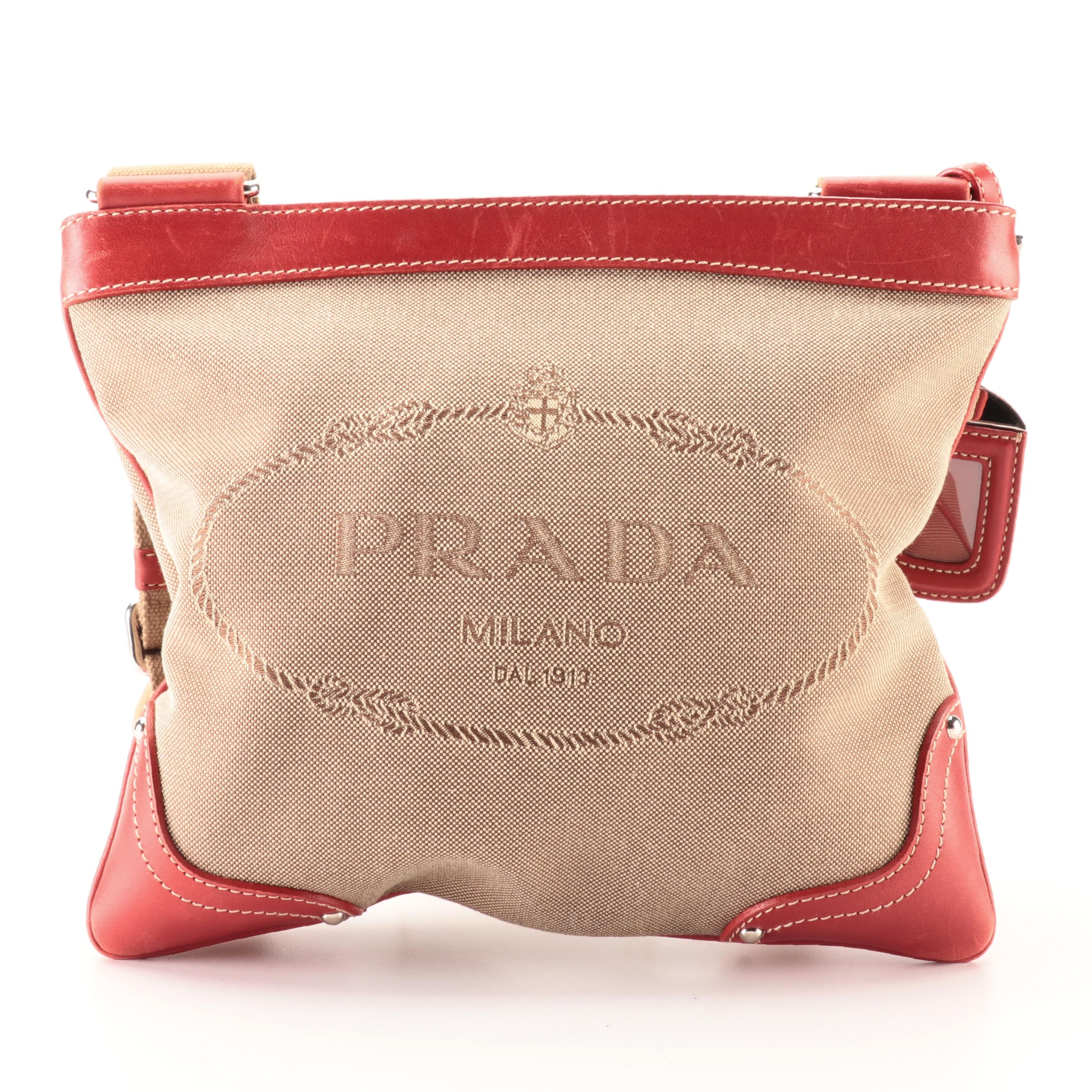Prada Flat Crossbody Bag in Logo Jacquard and Red Leather Trim