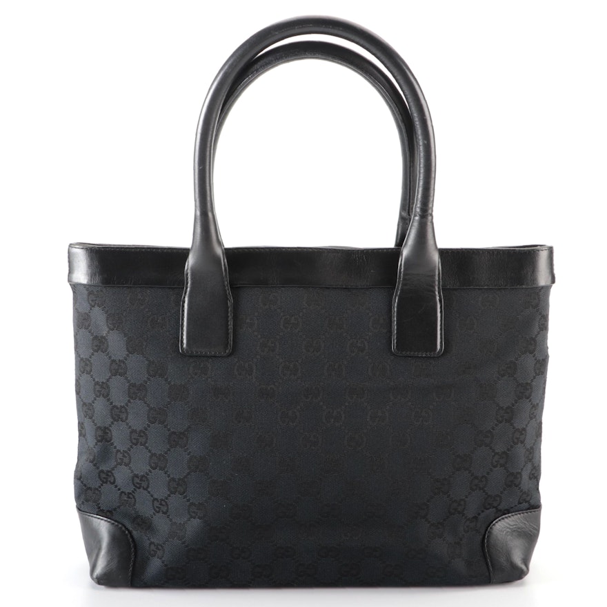 Gucci Small Tote Bag in Black GG Canvas with Leather Trim