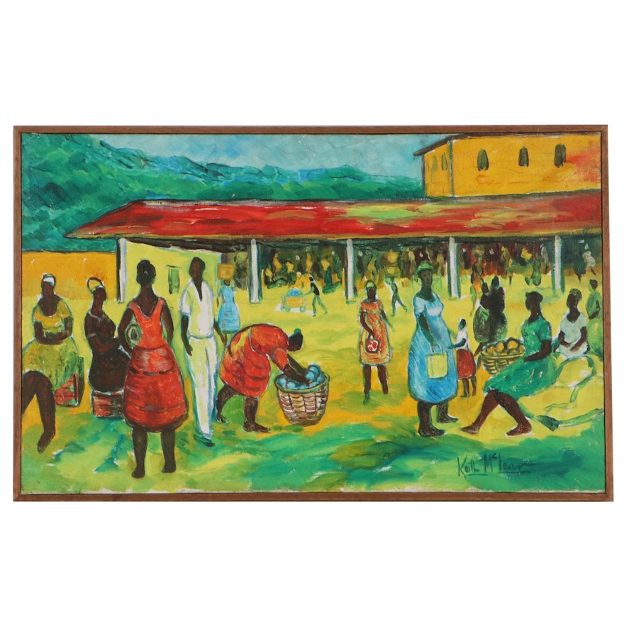 Keith McLean Haitian Folk Art Acrylic Painting of Market Scene