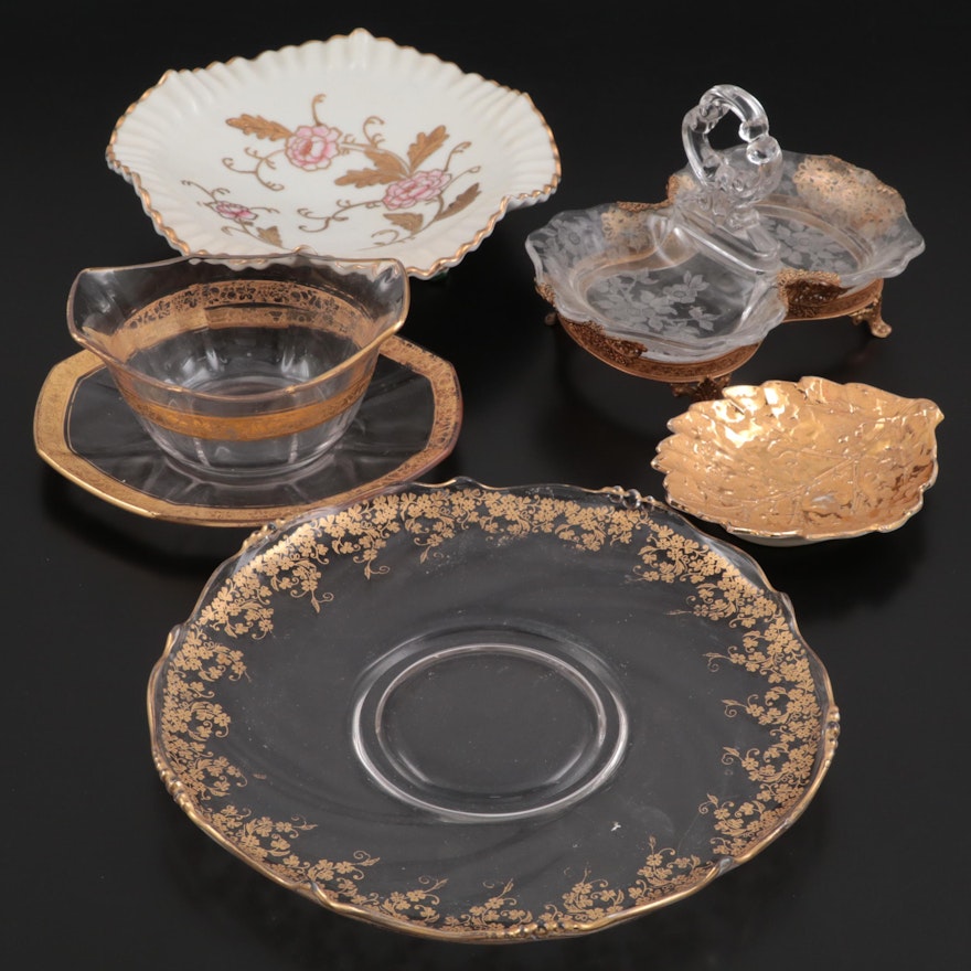 Gilt-Encrusted Glass and Porcelain Table Accessories, Mid-20th Century