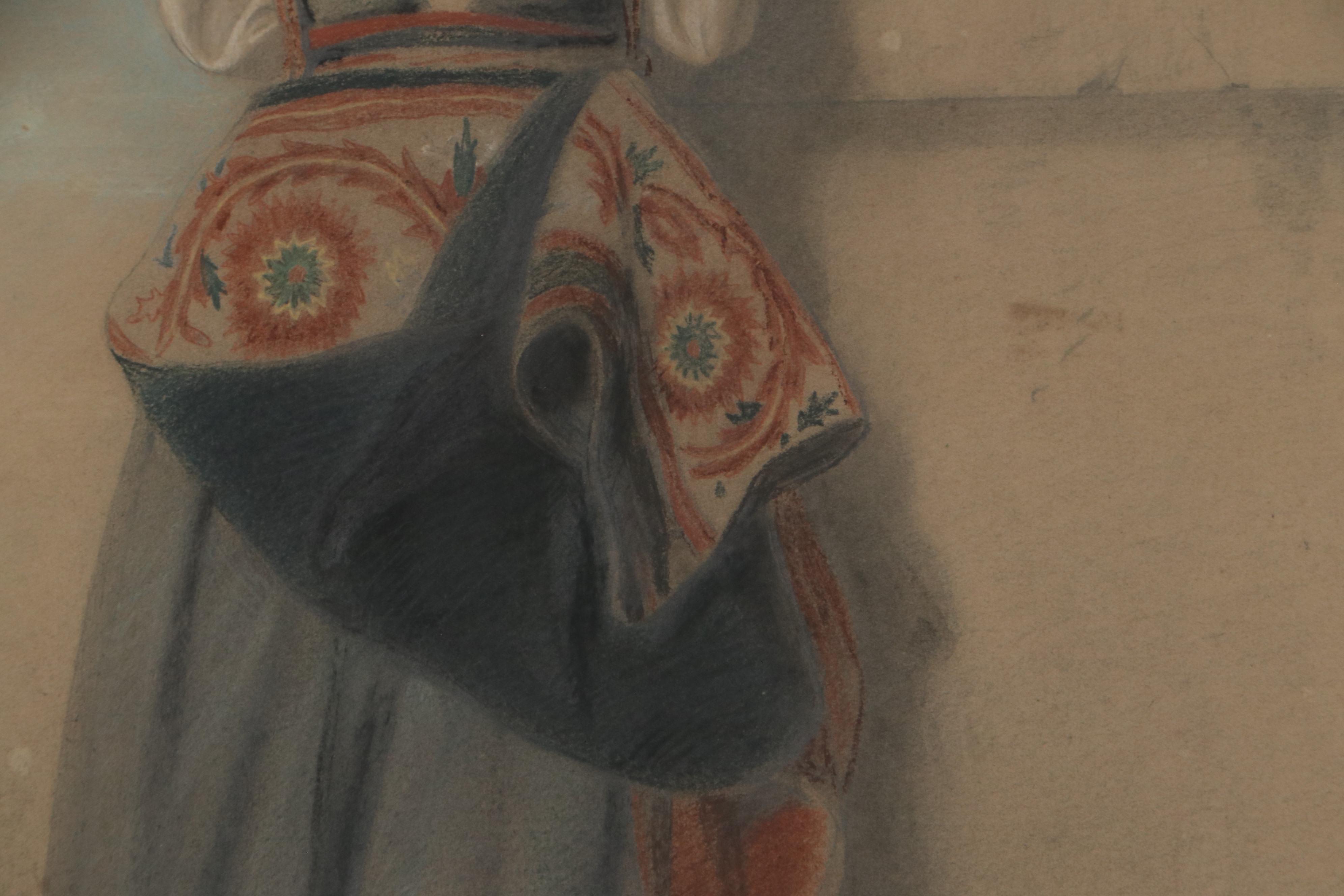 Henri-Guillaume Schlesinger Graphite and Pastel Drawing of Woman, 1870