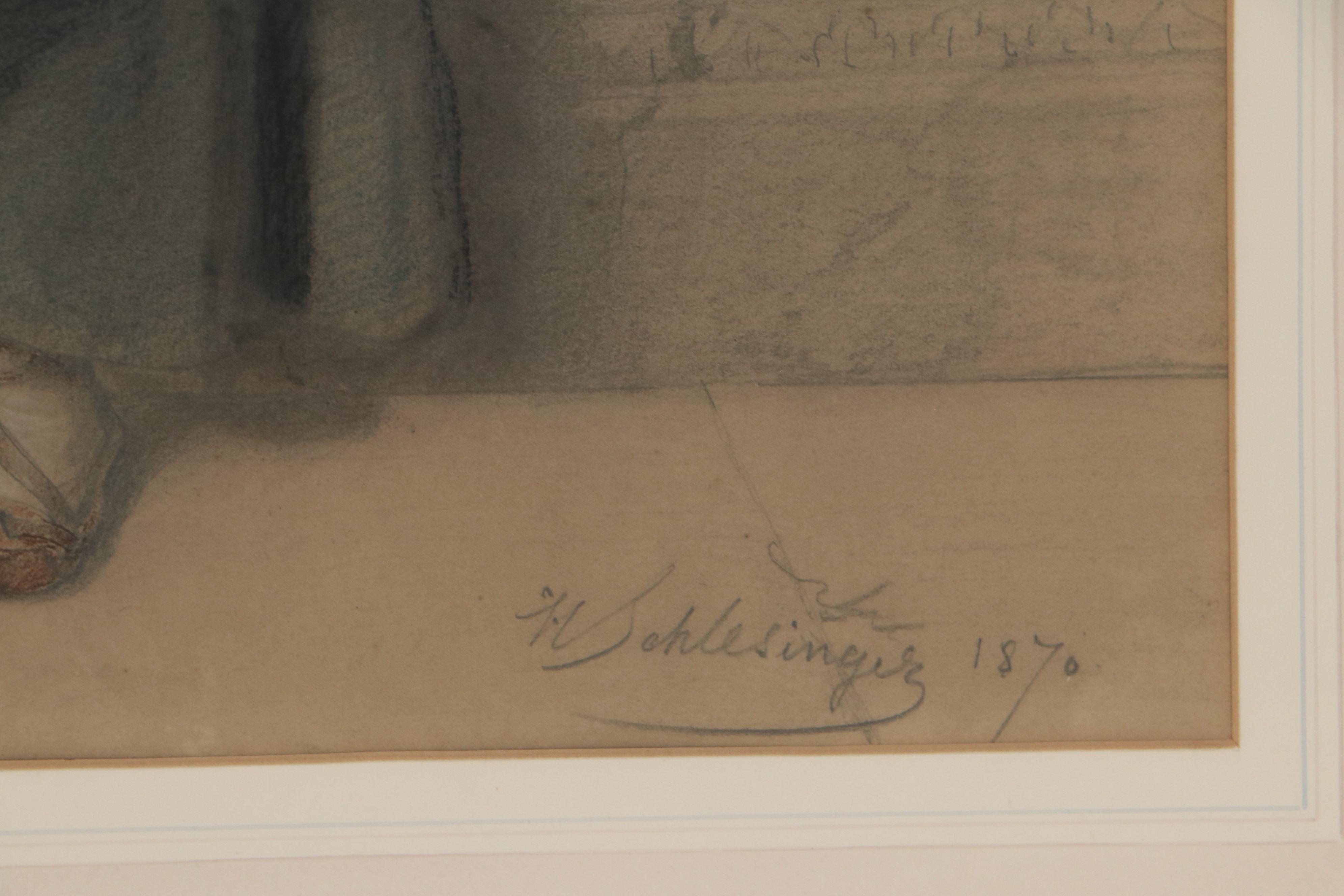 Henri-Guillaume Schlesinger Graphite and Pastel Drawing of Woman, 1870