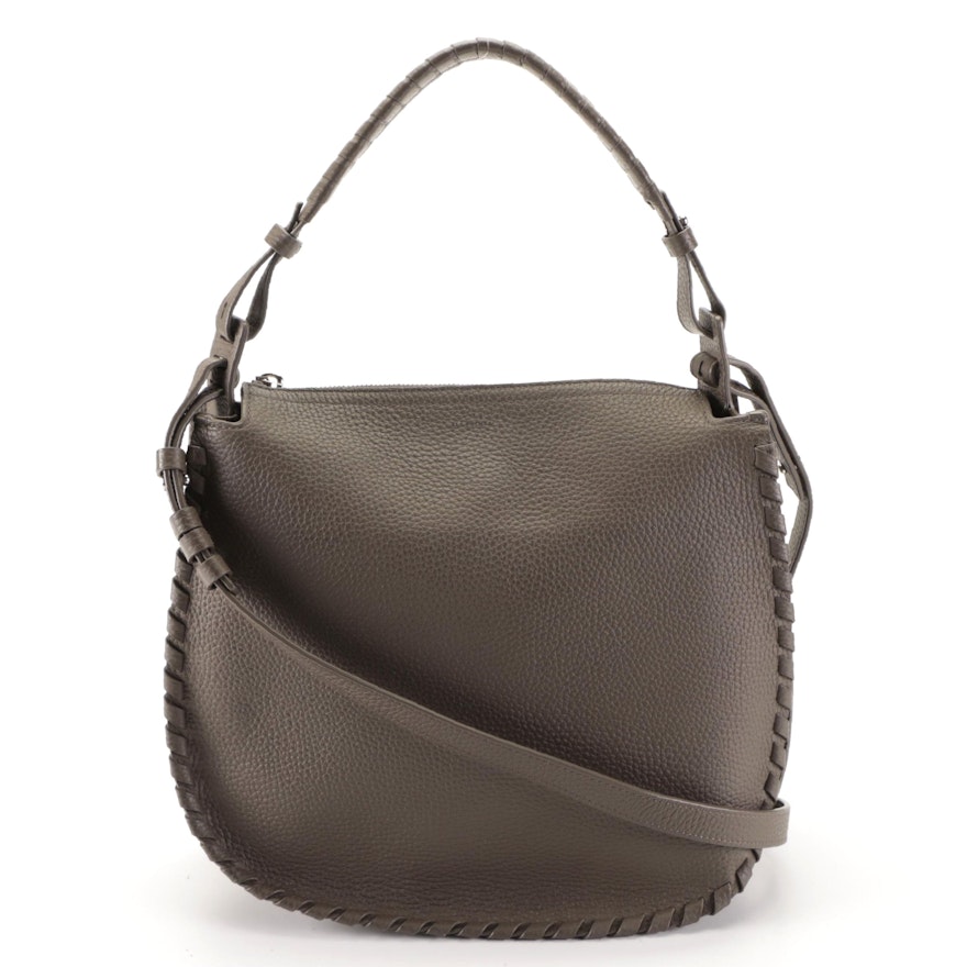 All Saints Medium Mori Hobo Bag in Dark Taupe Leather with Whipstitch Detail