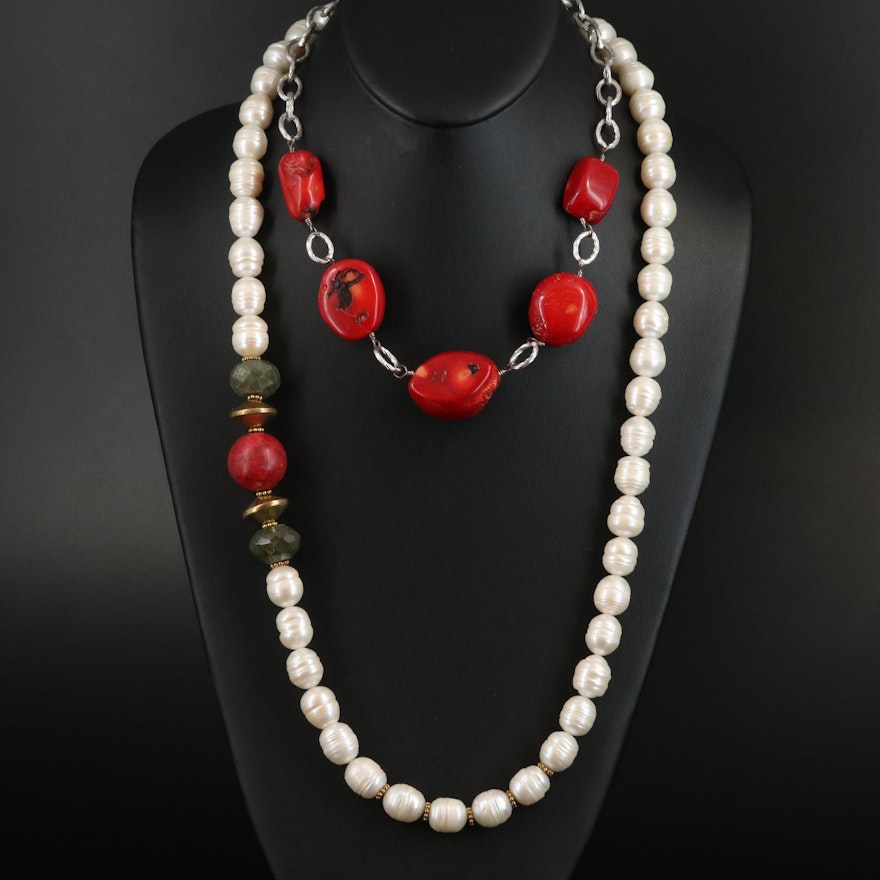 Pearl, Labradorite and Coral Necklaces Including Sterling