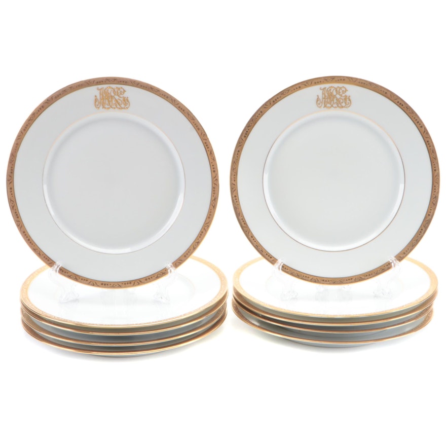 Royal Bayreuth Gold and White Porcelain Monogrammed Plates, Early to Mid-20th C.