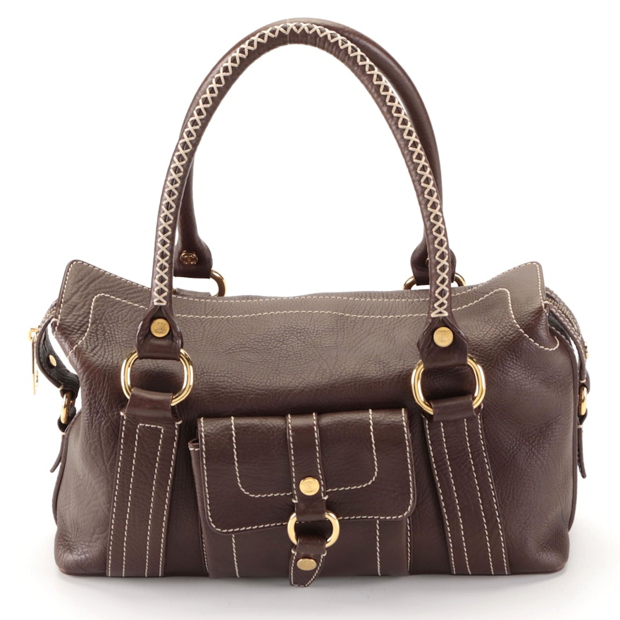 Celine Handbag in Brown Grained Leather with Contrast Stitching