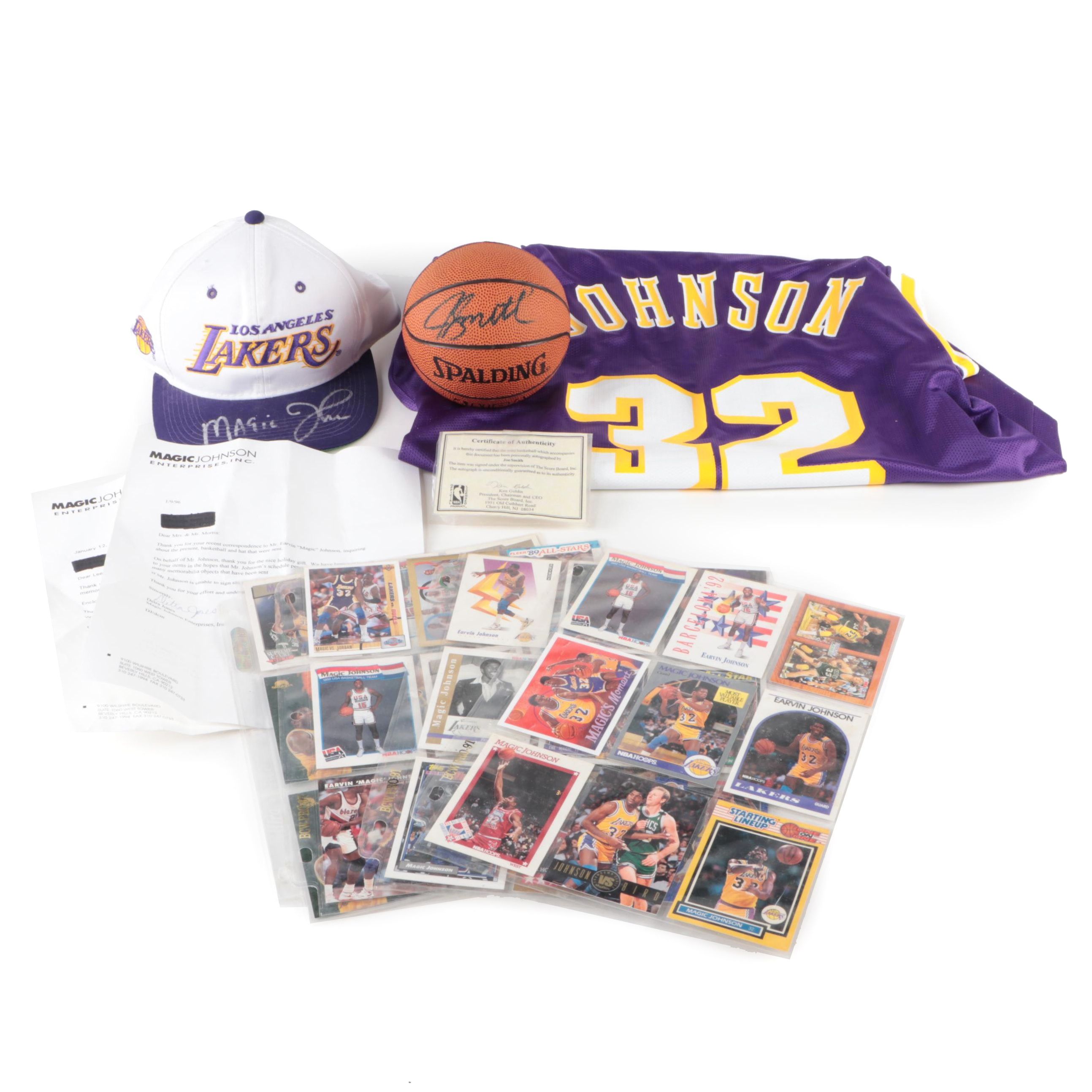 NBA Magic Johnson Signed Hat With Jersey, Cards, Joe Smith Signed Mini Ball
