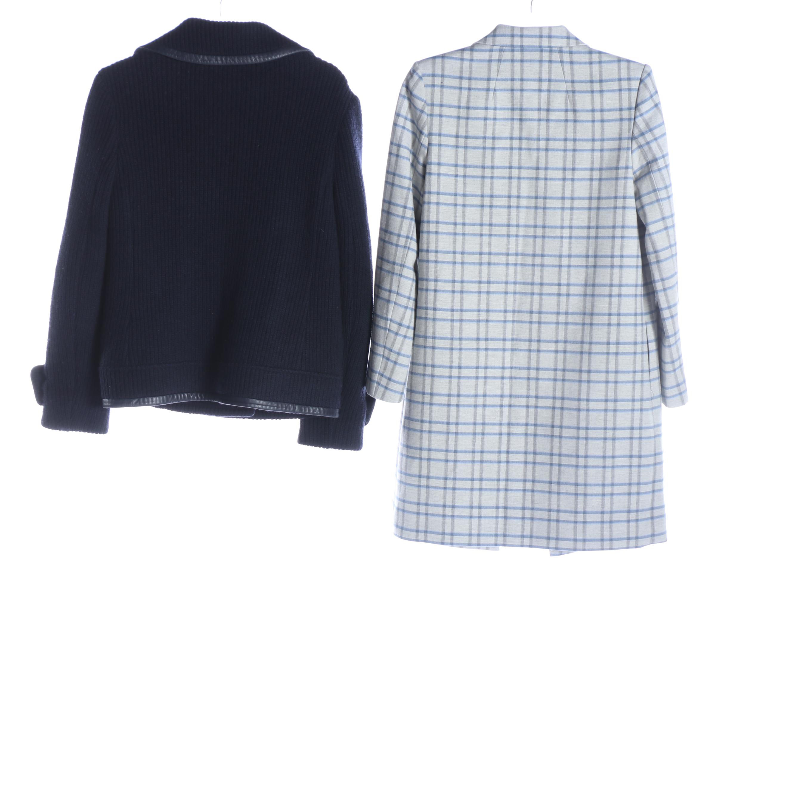Theory Plaid Plaid Coat and Tory Burch Navy Blue Knit Jacket with Leather Trim