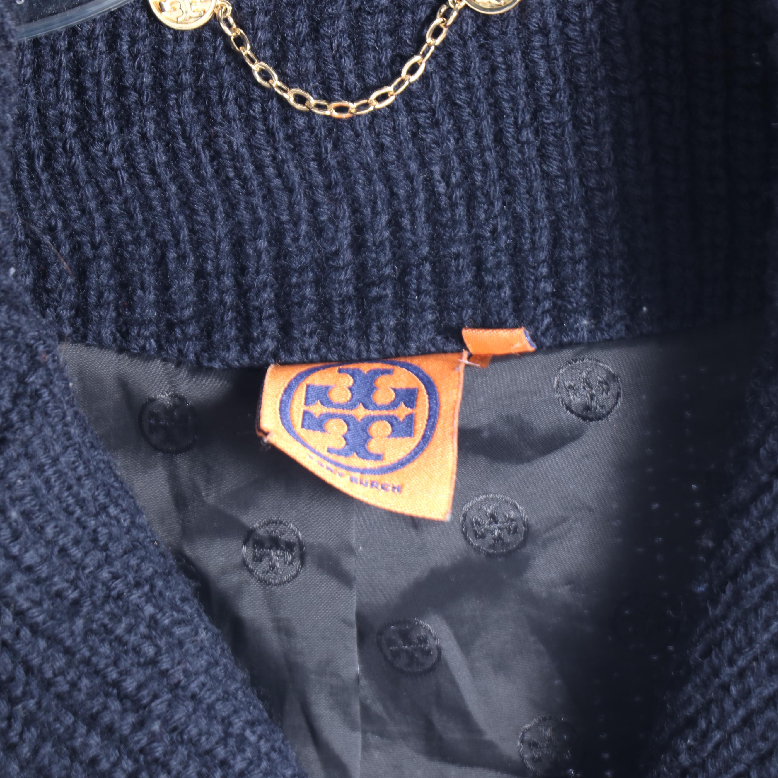 Theory Plaid Plaid Coat and Tory Burch Navy Blue Knit Jacket with Leather Trim