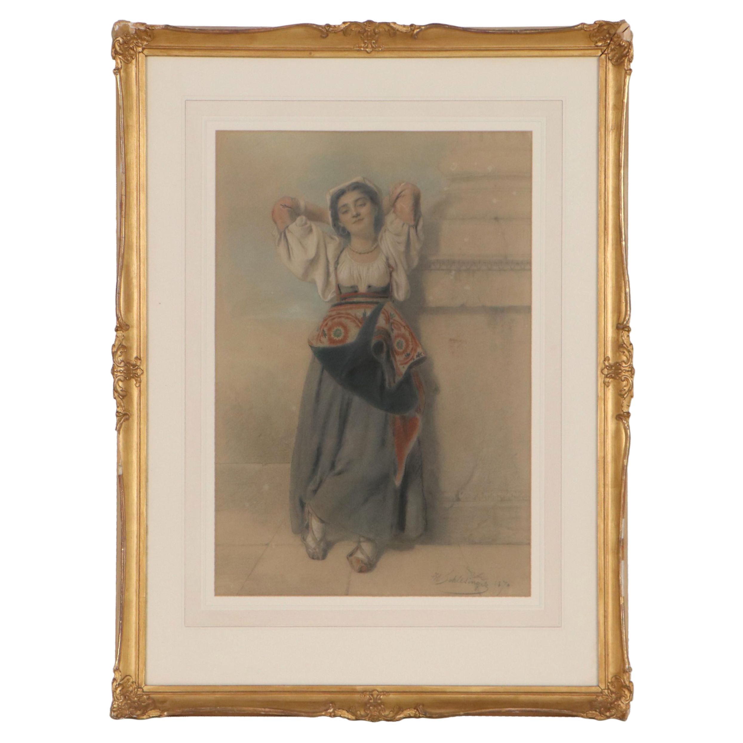 Henri-Guillaume Schlesinger Graphite and Pastel Drawing of Woman, 1870