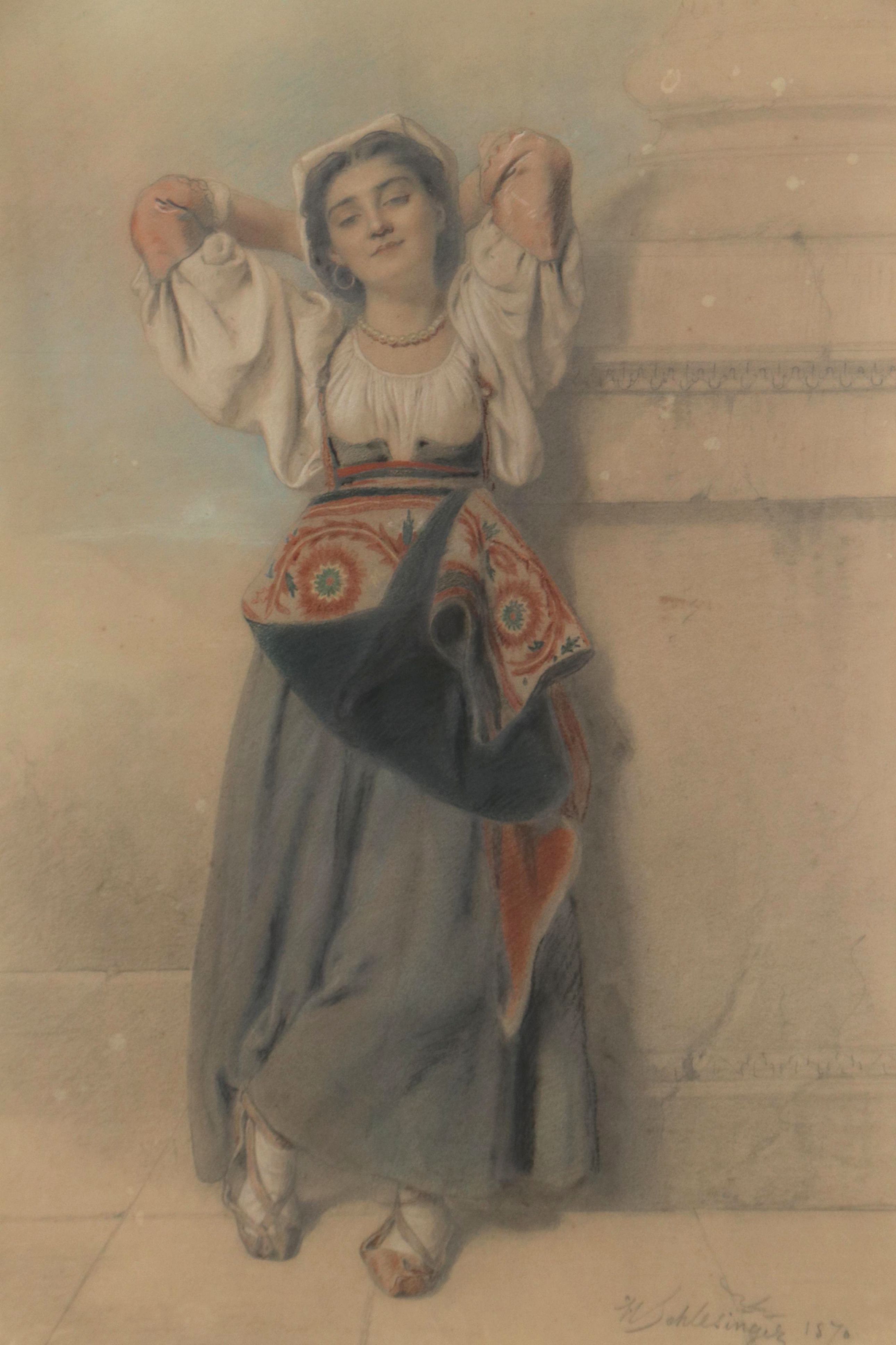 Henri-Guillaume Schlesinger Graphite and Pastel Drawing of Woman, 1870