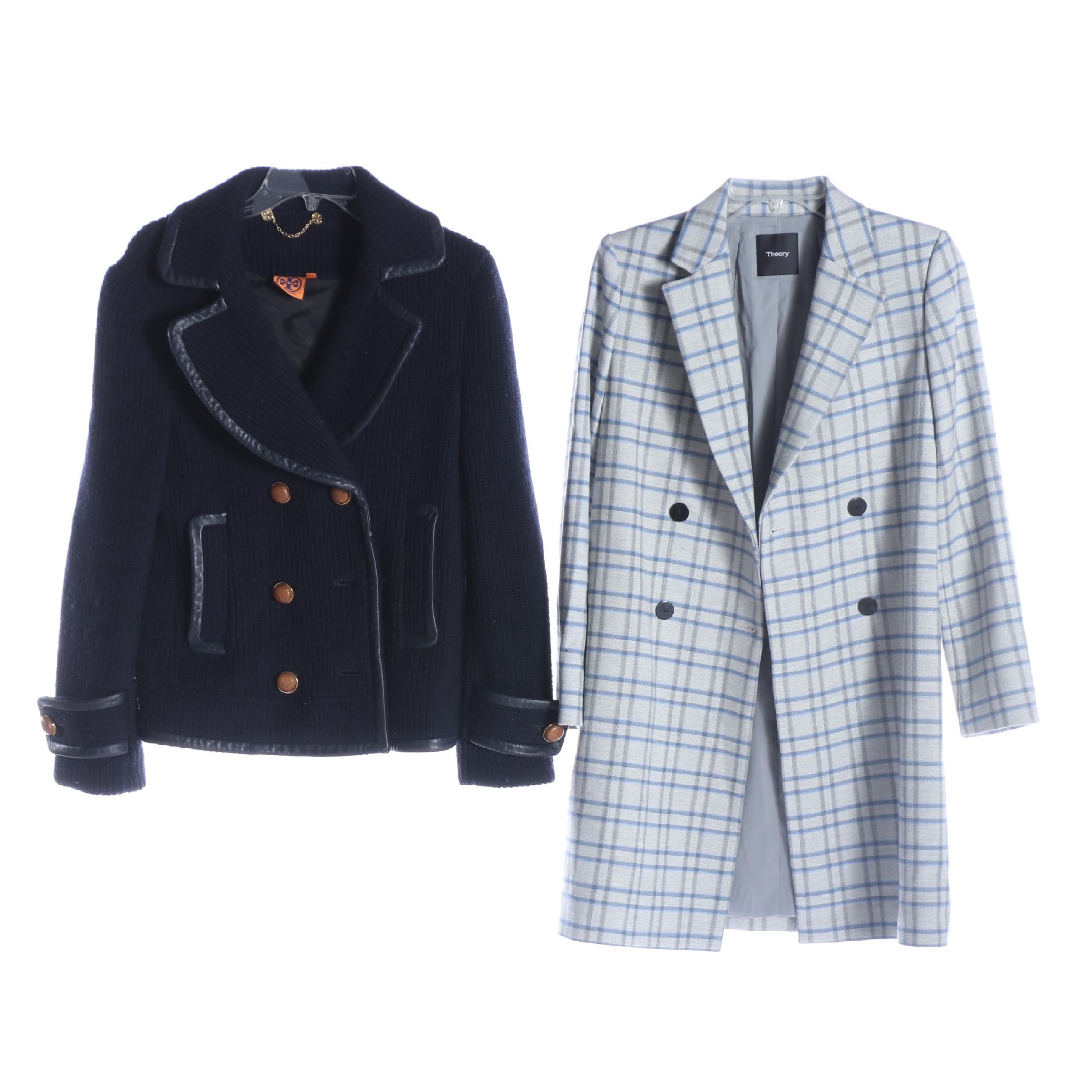 Theory Plaid Plaid Coat and Tory Burch Navy Blue Knit Jacket with Leather Trim