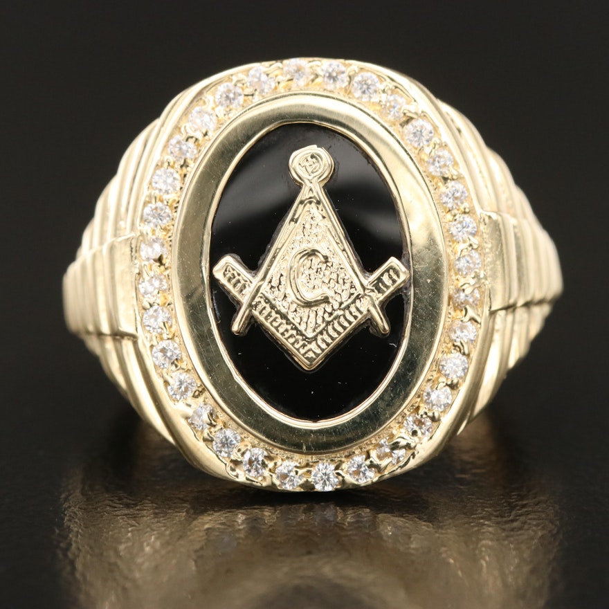 10K Black Onyx and Cubic Zirconia Masons Ring