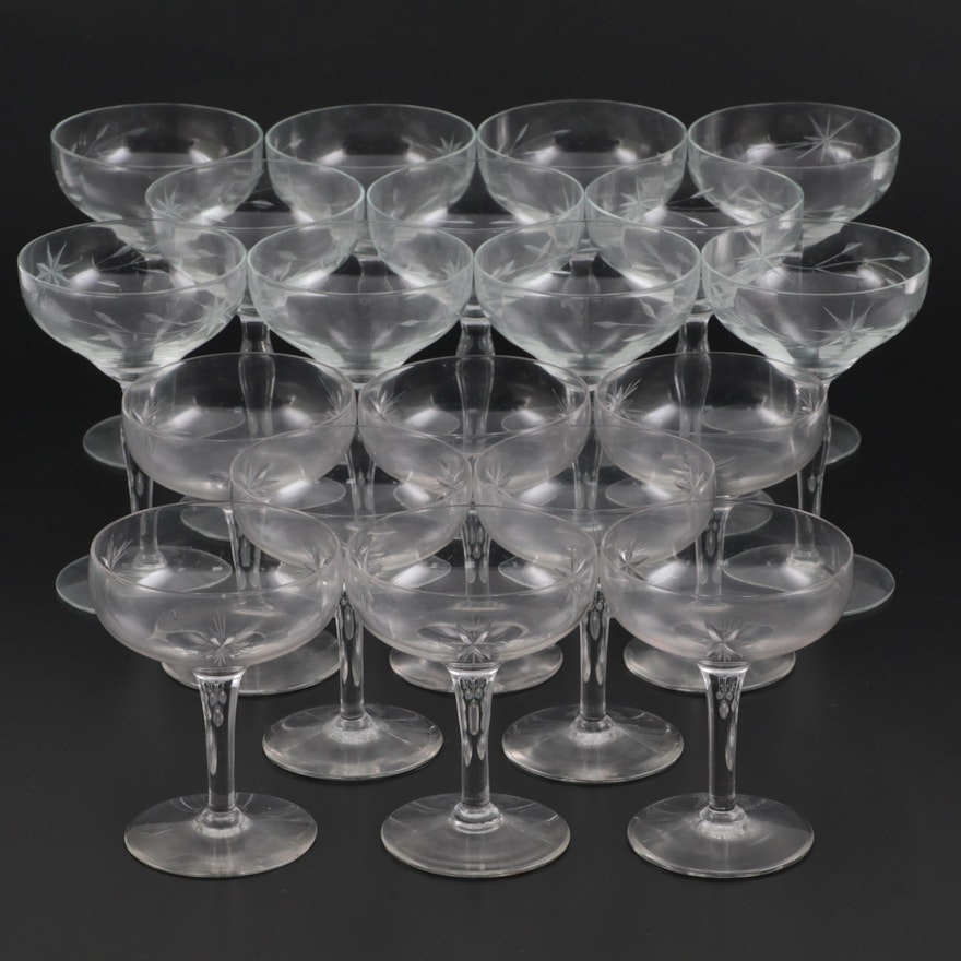 Cut Floral Motif Glass Champagne Coupes and Low Sherbet Glasses, Mid-20th C.