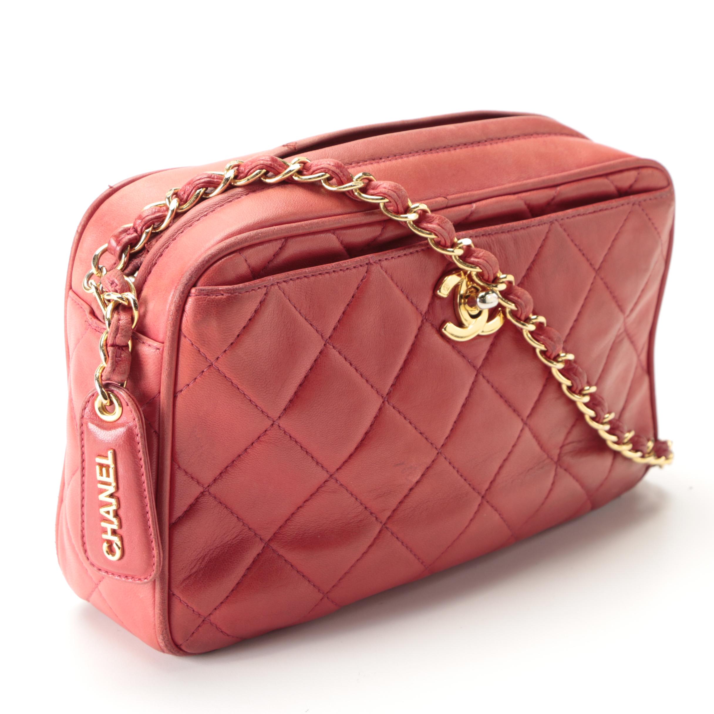 Chanel Small Zip Shoulder Bag in Red Quilted Lambskin Leather