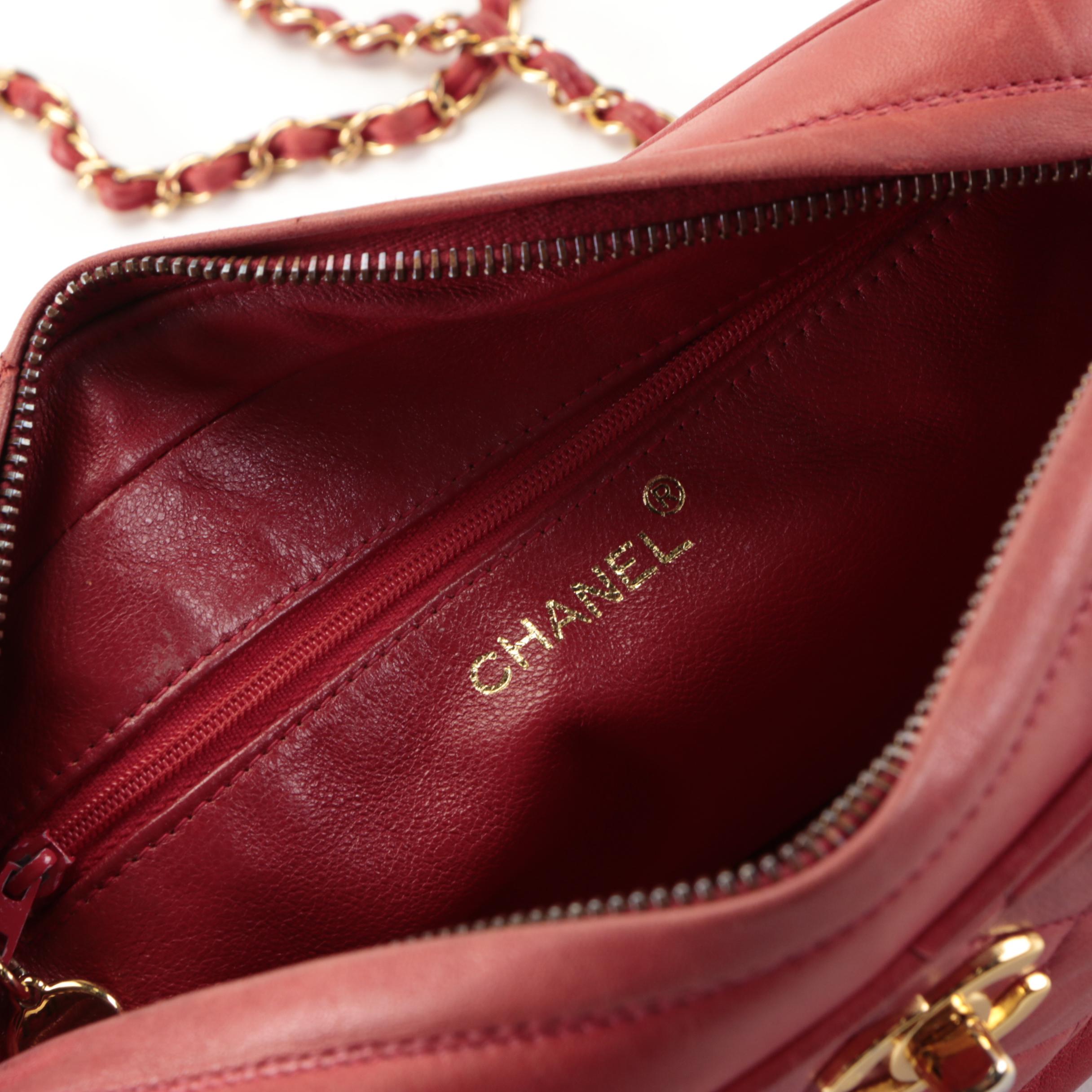 Chanel Small Zip Shoulder Bag in Red Quilted Lambskin Leather