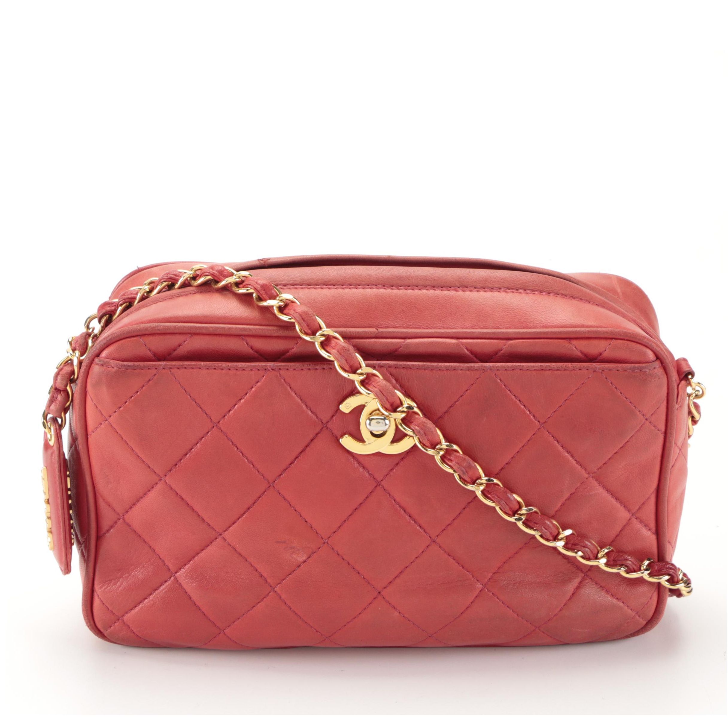 Chanel Small Zip Shoulder Bag in Red Quilted Lambskin Leather