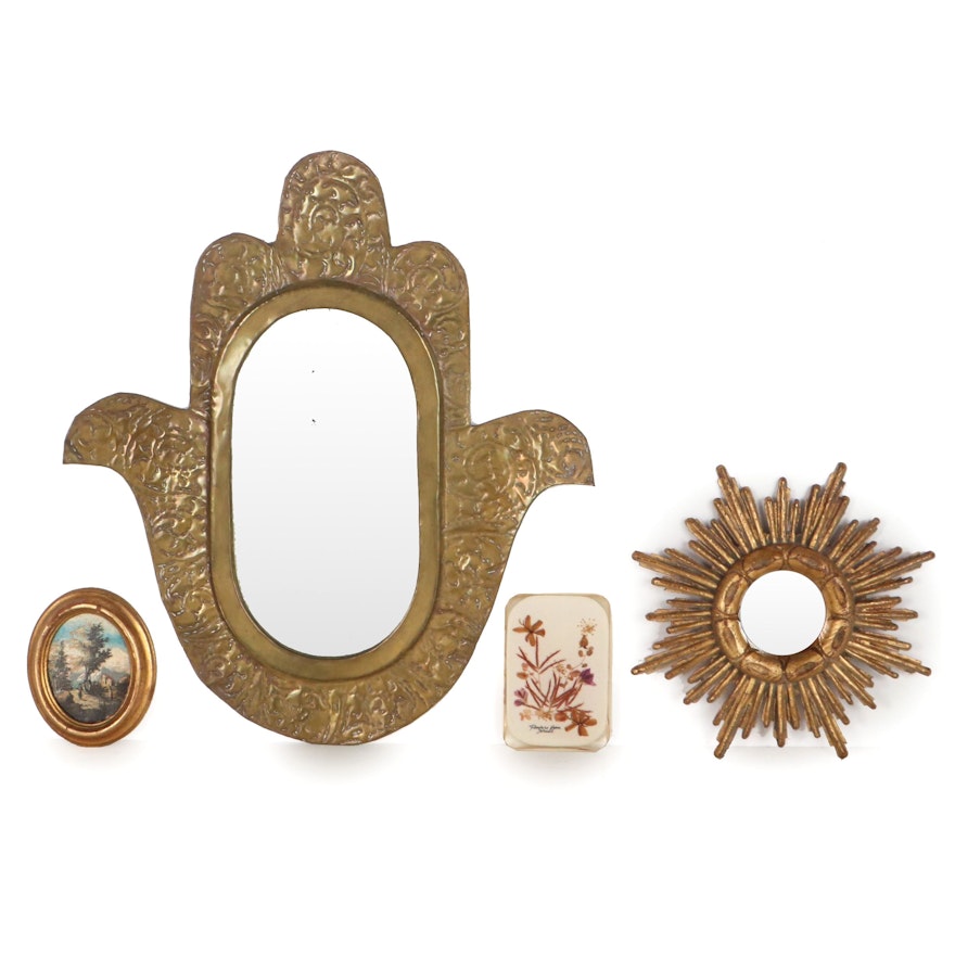 Tunisian Brass Repoussé Hamsa Mirror with Other Decorative Wall Hangings