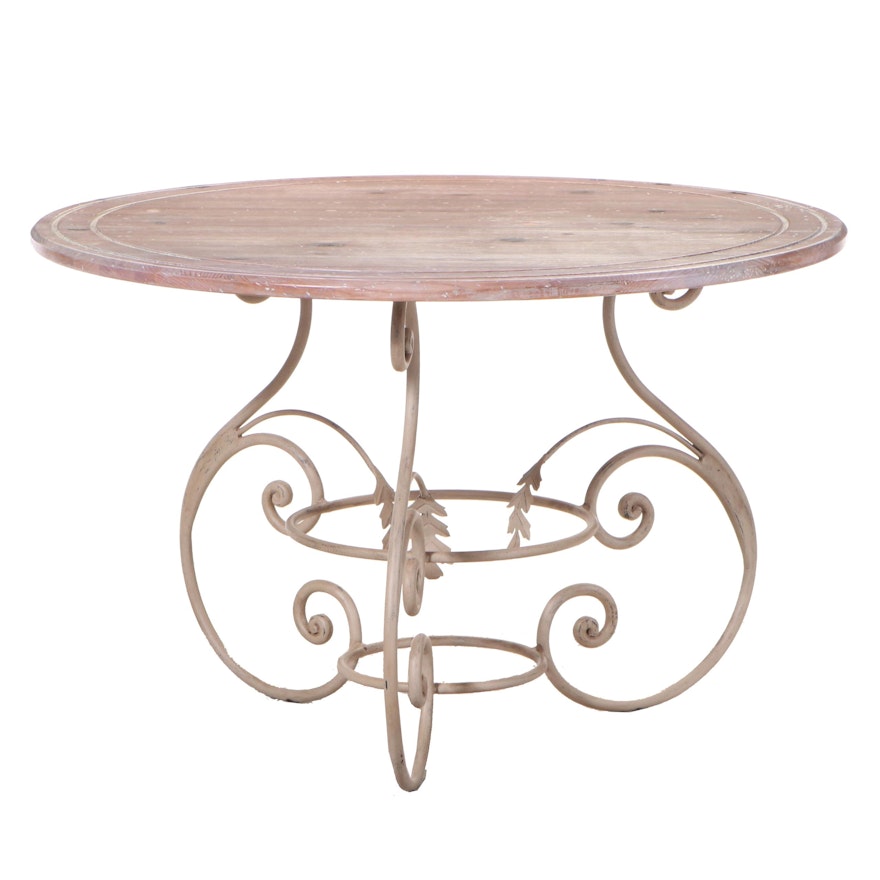 Round Pine Dining Table on Wrought Iron Base