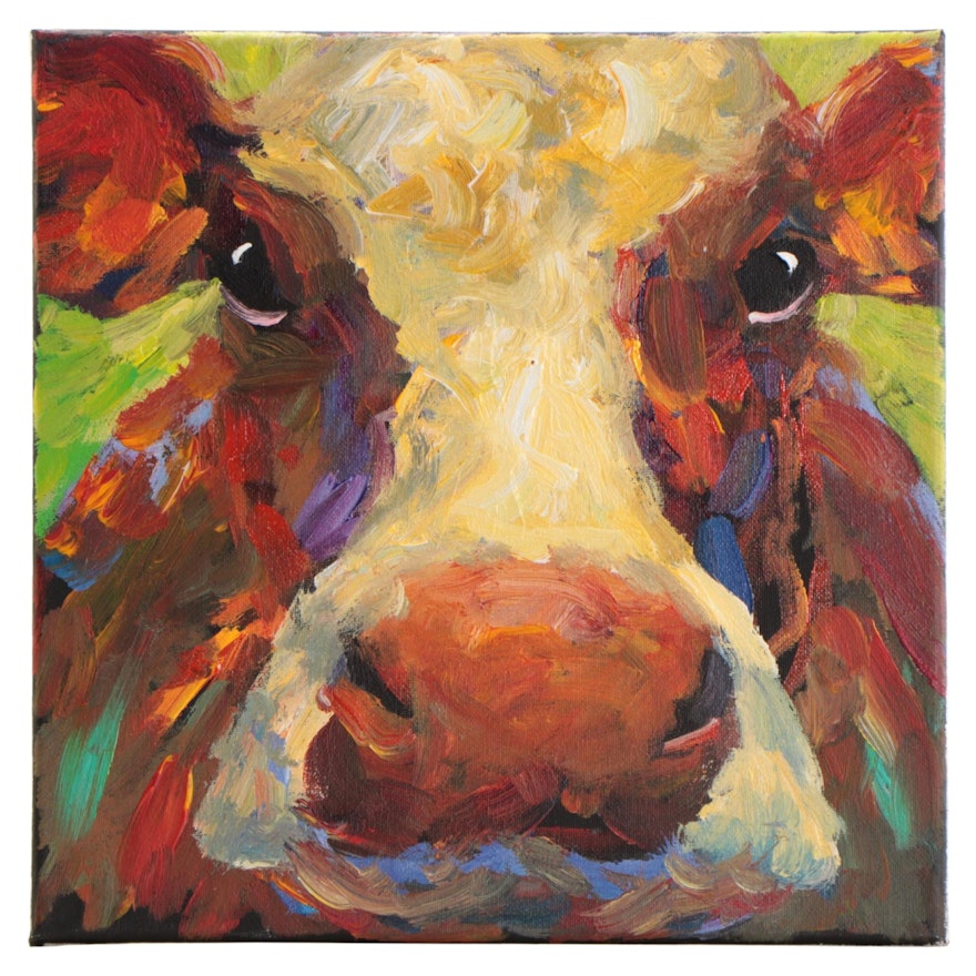 Elle Raines Acrylic Painting of Cow, 21st Century