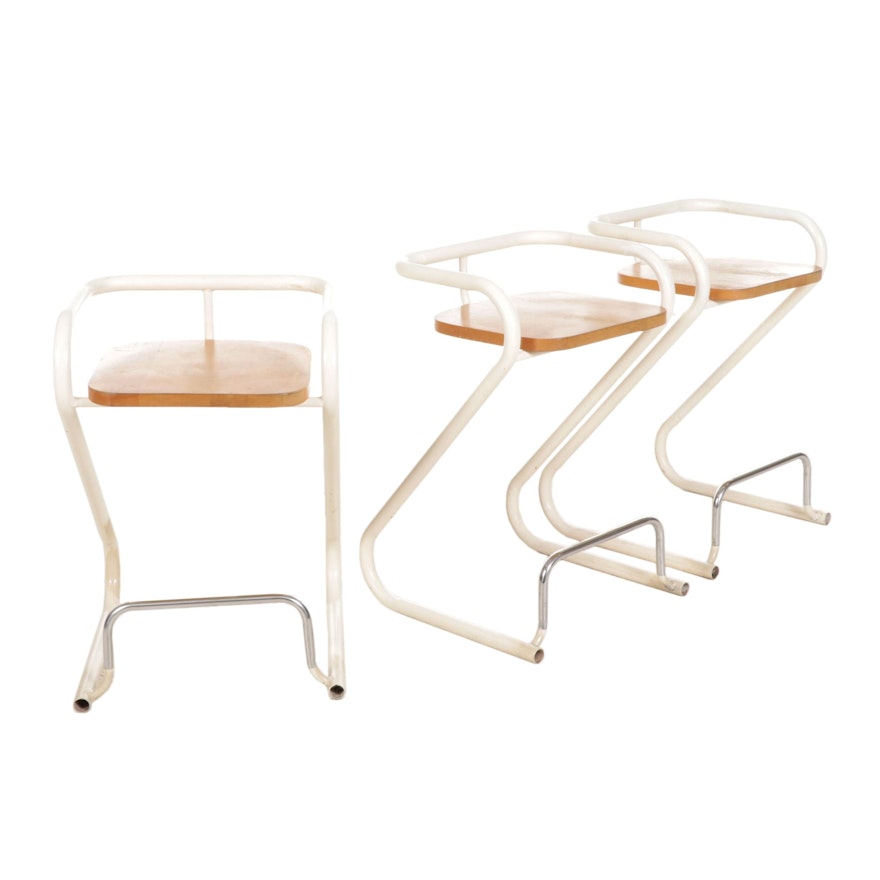 Three Modernist Z-Frame Bent Tube Counter Height Stools, Late 20th Century