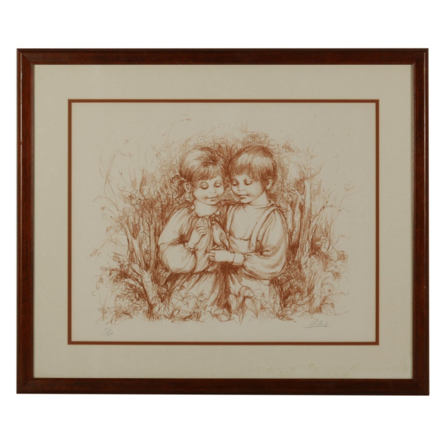 Edna Hibel Lithograph of Young Boy and Girl Holding Bird, Mid-Late 20th Century