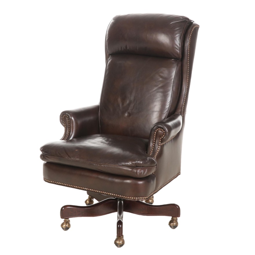Brown Leather and Brass-Tacked Executive Armchair