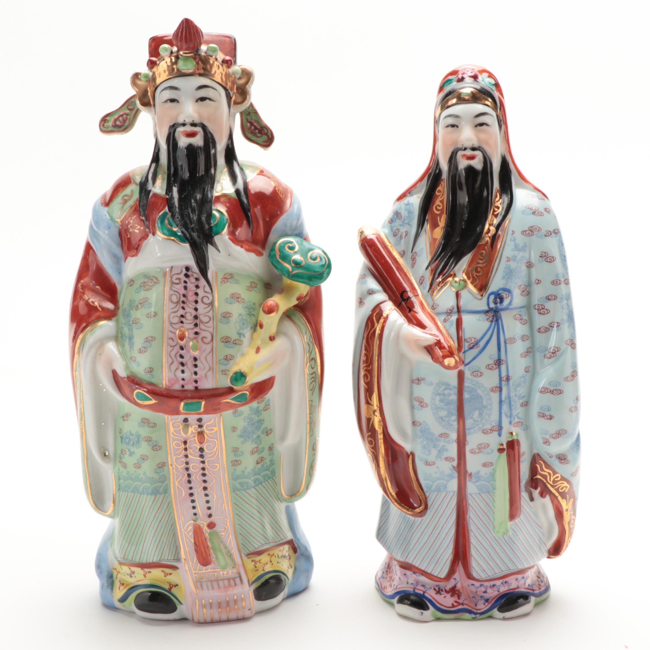 Chinese Porcelain Figurines of Fu Xing, Lu Xing and Earthenware Guardian Lion