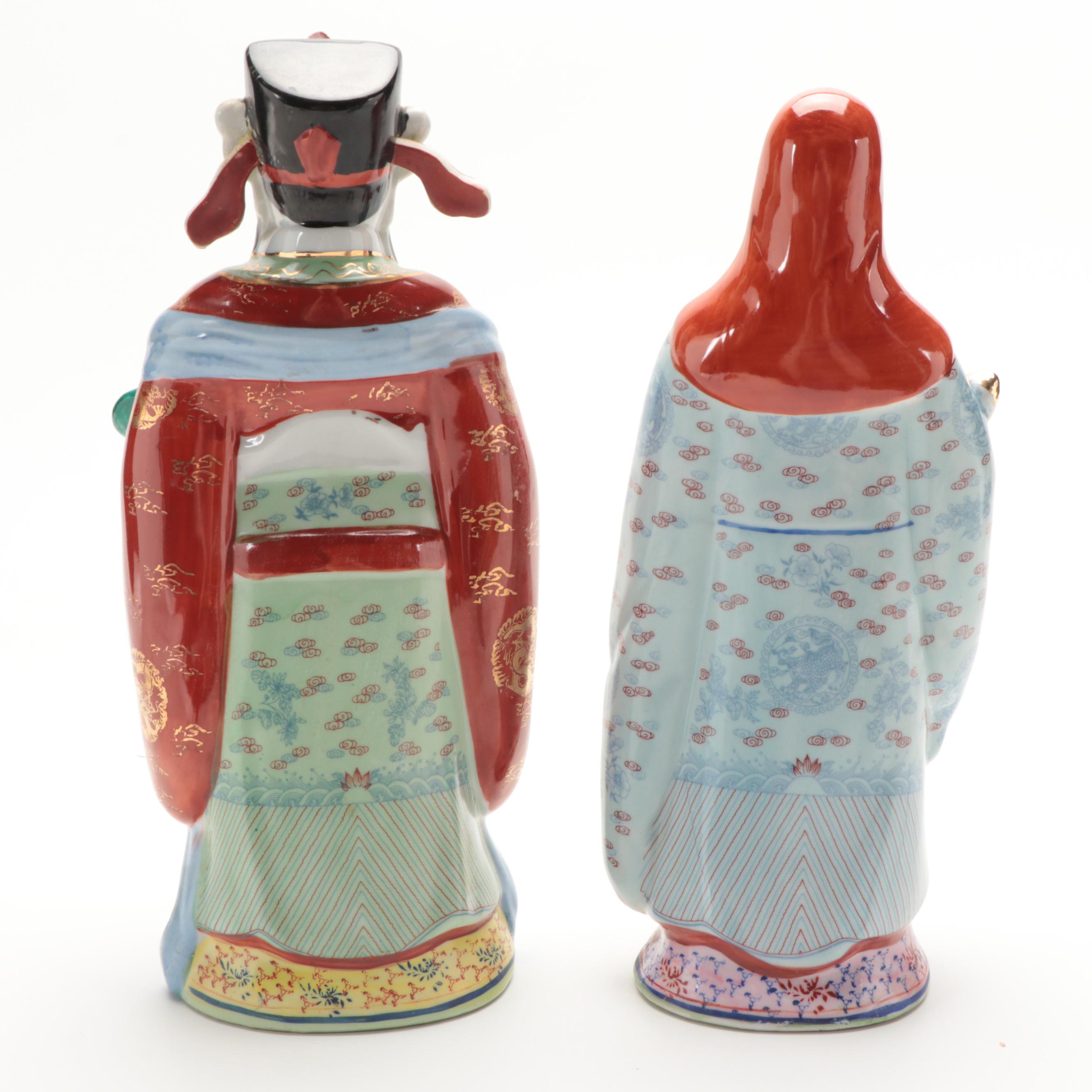 Chinese Porcelain Figurines of Fu Xing, Lu Xing and Earthenware Guardian Lion