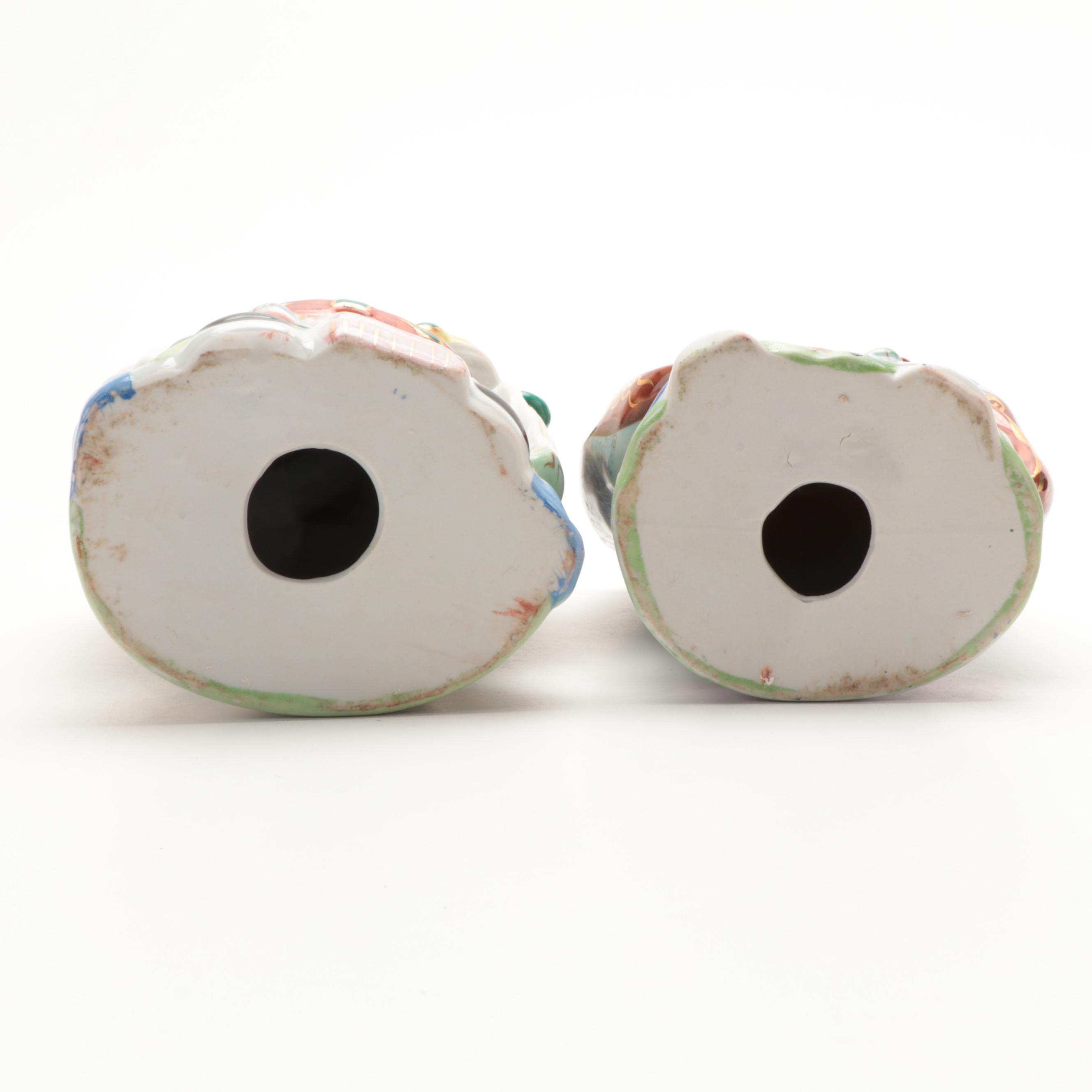 Chinese Porcelain Figurines of Fu Xing, Lu Xing and Earthenware Guardian Lion