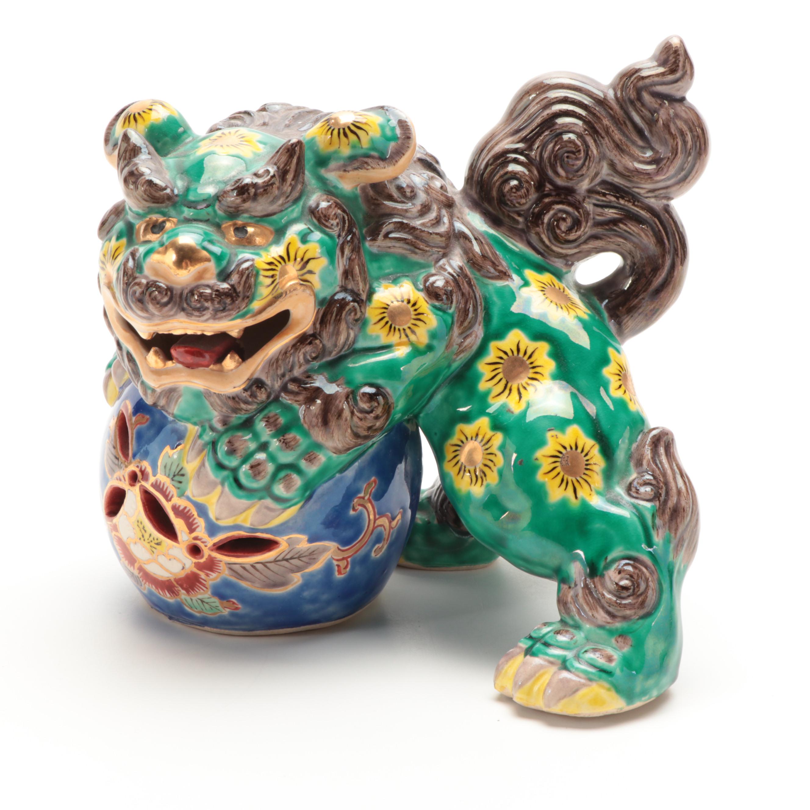 Chinese Porcelain Figurines of Fu Xing, Lu Xing and Earthenware Guardian Lion