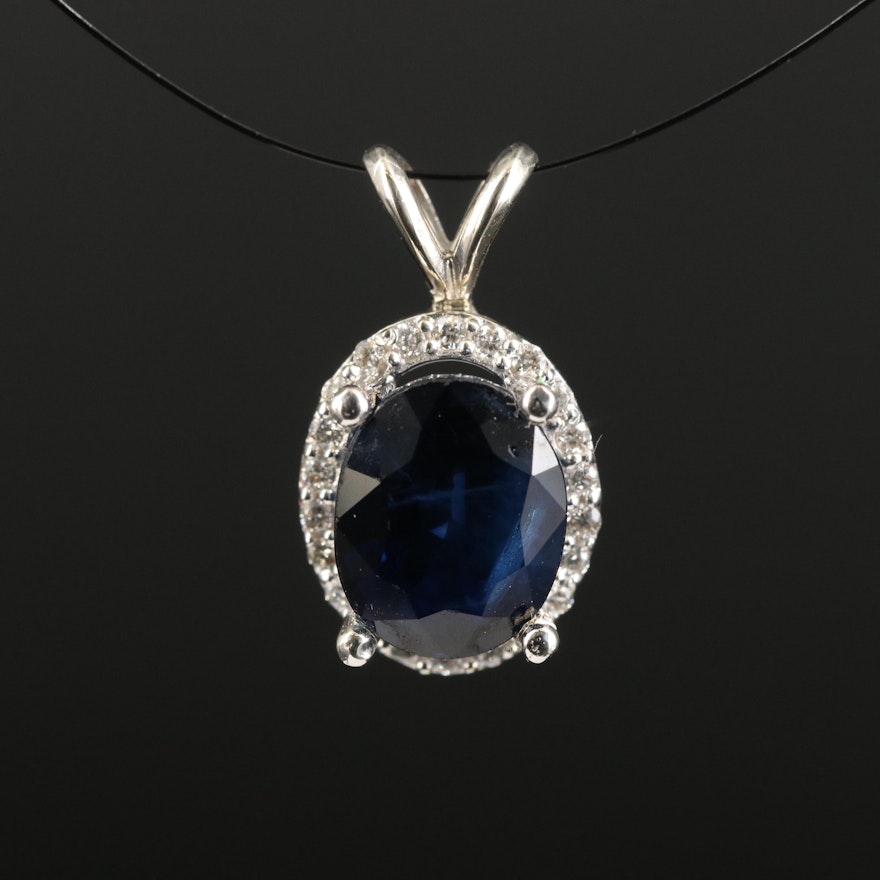 14K Sapphire and Diamond Oval Halo Pendant