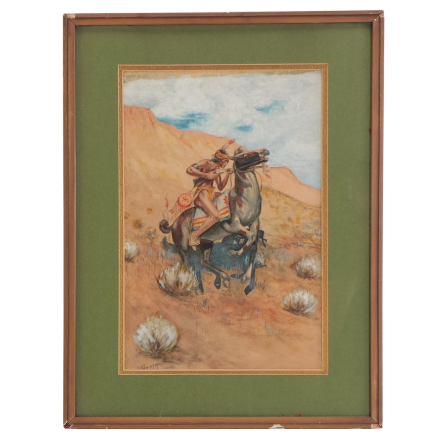 Watercolor Painting of Native American on Horseback, Mid-20th Century
