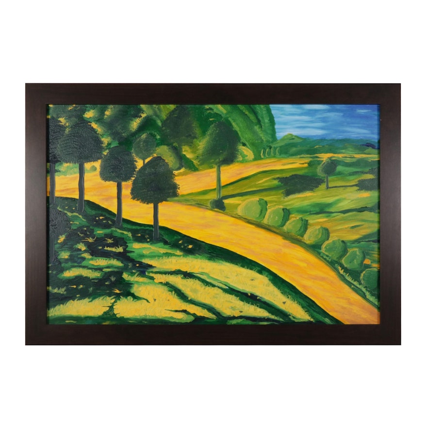 Landscape Acrylic Painting of Quiet Country Road and Hillside, 21st Century