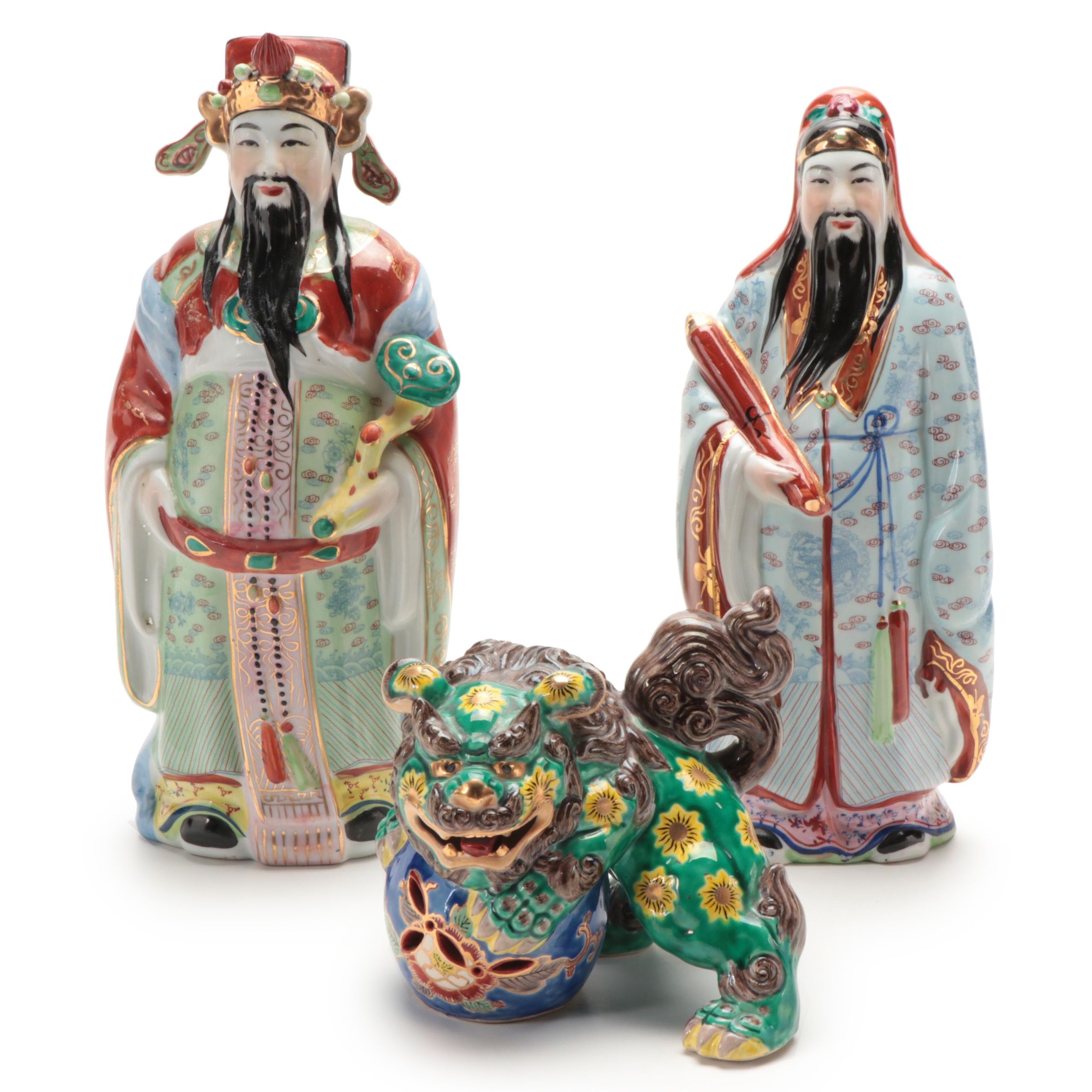 Chinese Porcelain Figurines of Fu Xing, Lu Xing and Earthenware Guardian Lion