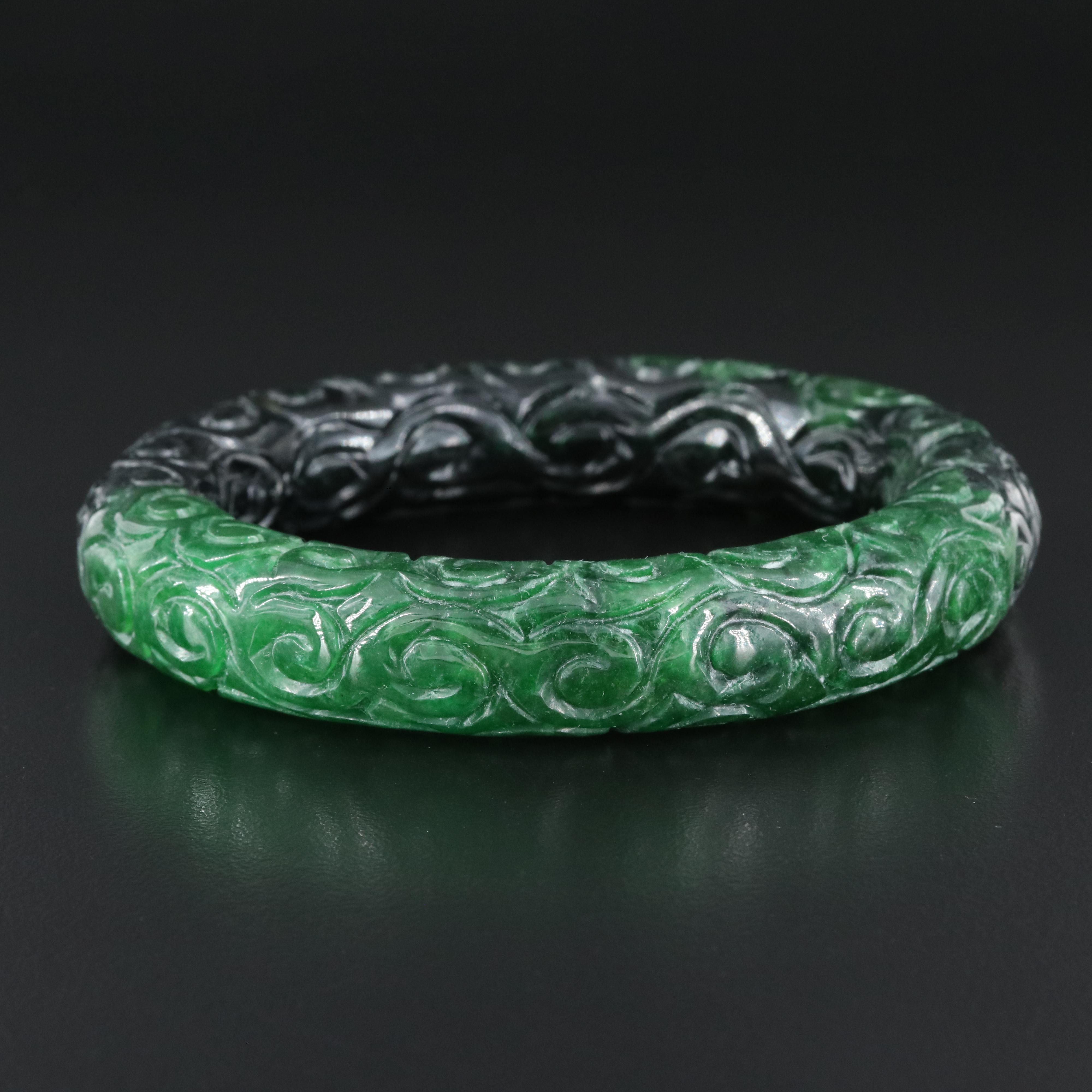 Asian Style Carved Jadeite Hololith Bangle