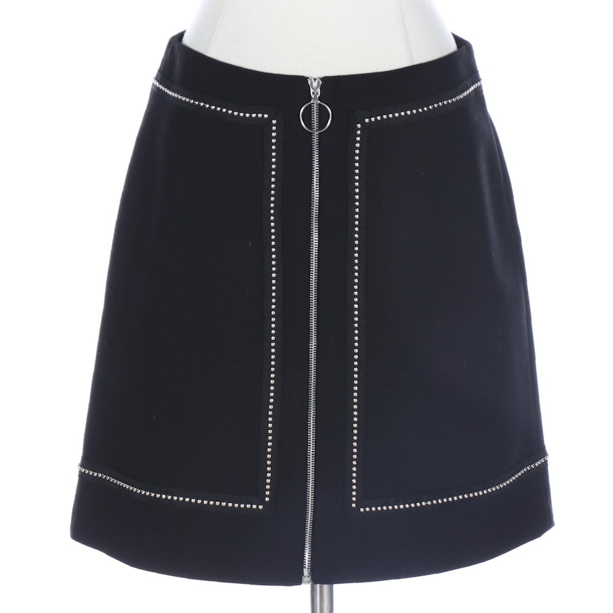 Maje Studded Trim A-Line Skirt with Exposed Front Zipper Closure