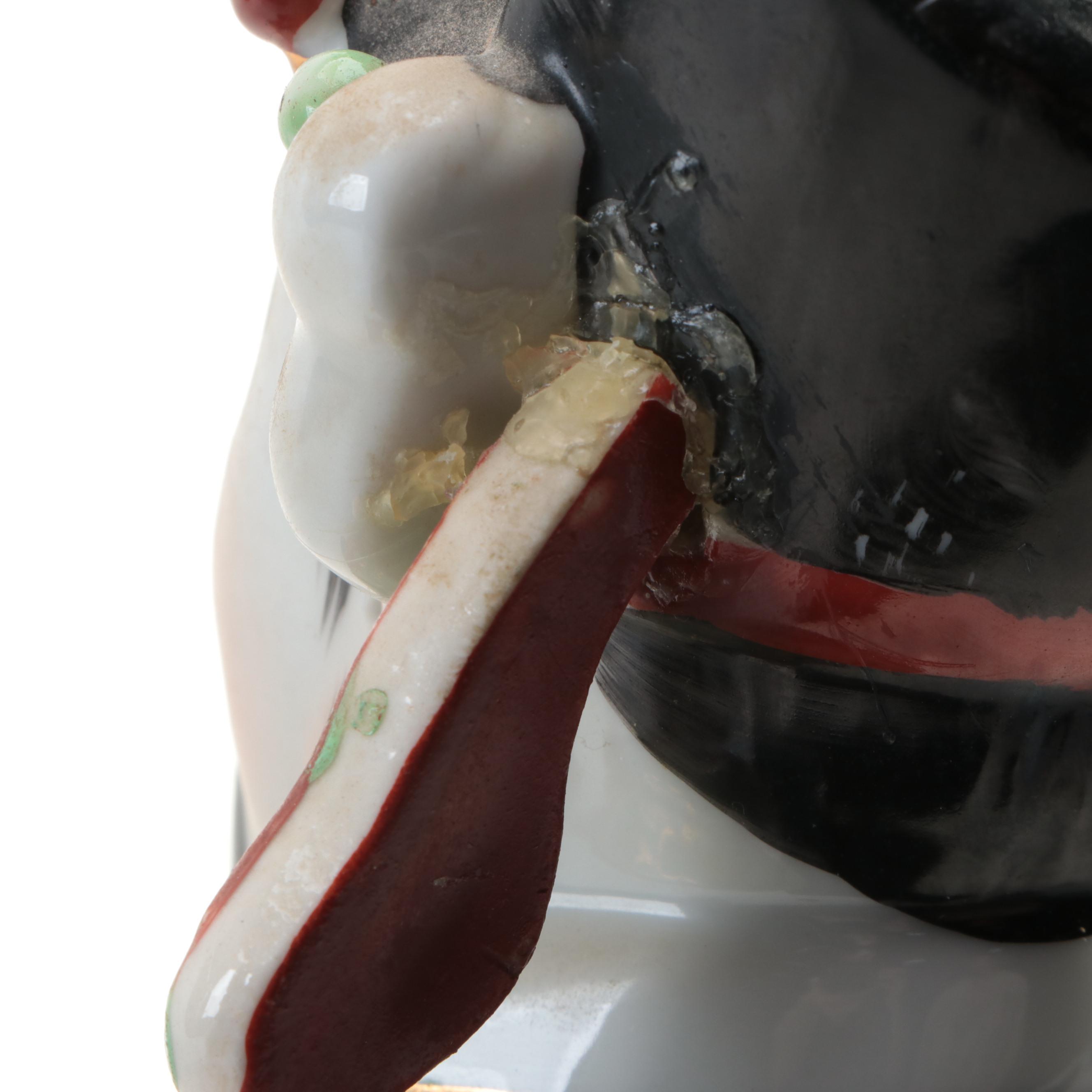 Chinese Porcelain Figurines of Fu Xing, Lu Xing and Earthenware Guardian Lion