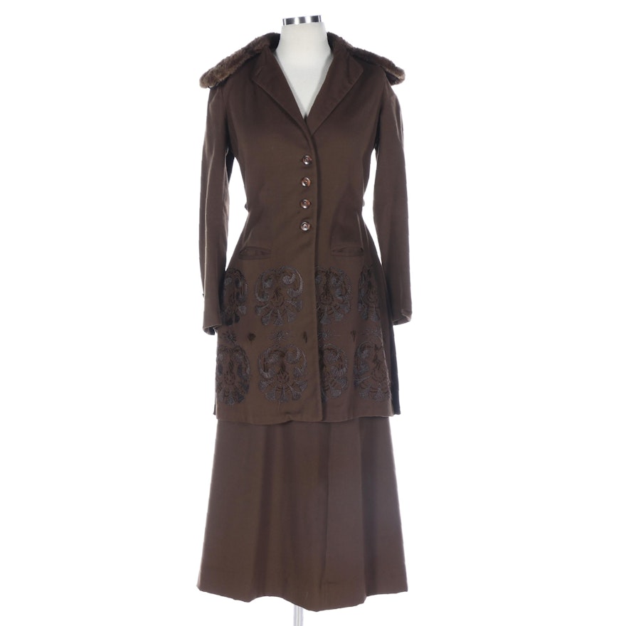 Embroidered Brown Wool Skirt Suit with Beaver Fur Trim, Early 20th Century