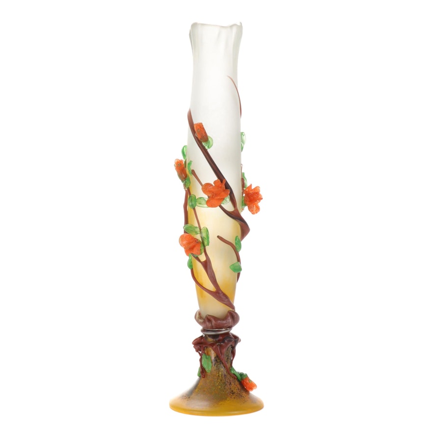 Large Applied Floral Motif Art Glass Vase