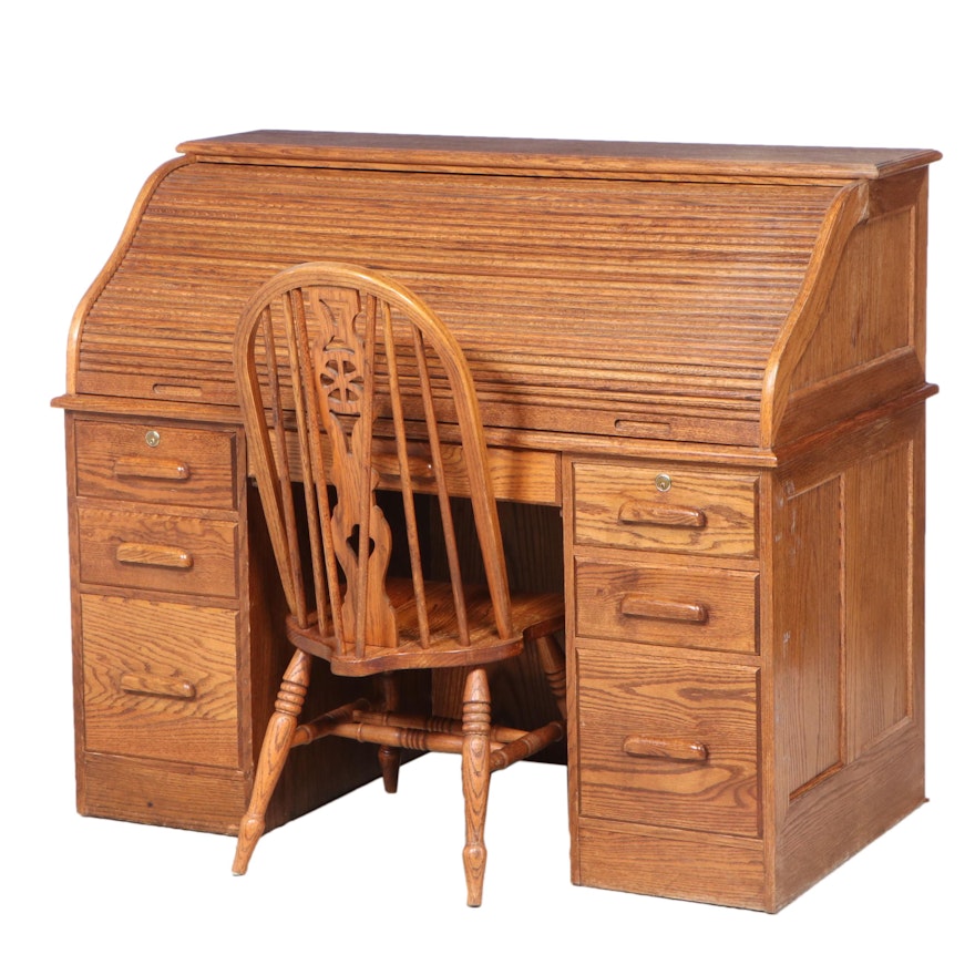 Oak Roll-Top Desk and Chair, Late 20th Century