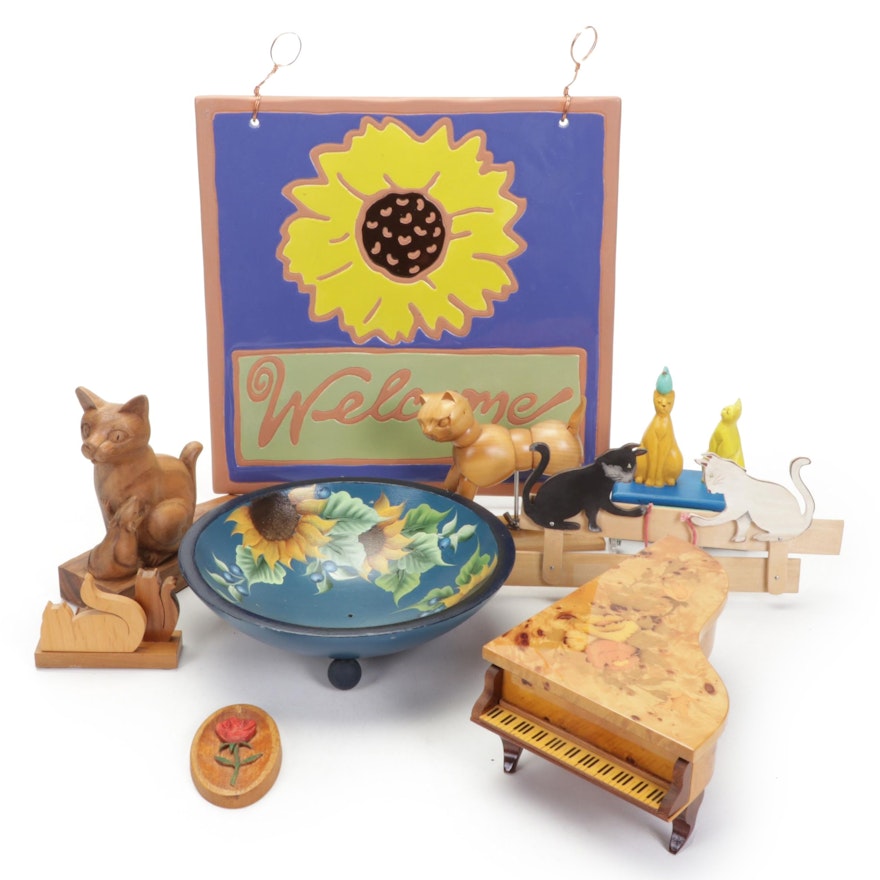 Reuge Italian Inlaid Wooden Piano Music Box, Cat Figurines, and More