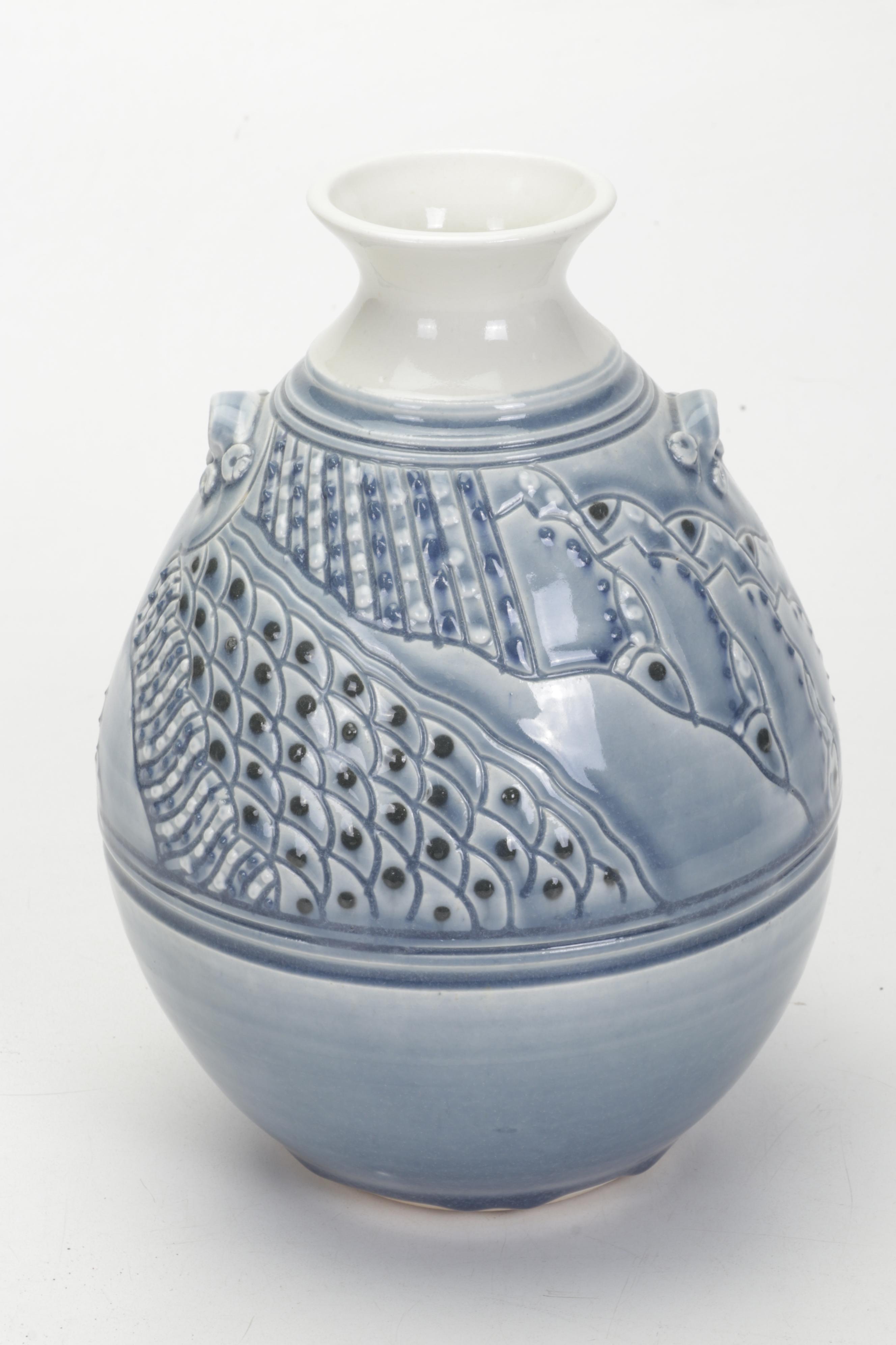 Glazed Art Pottery Vase, Lidded Bowl, and Decorative Plate