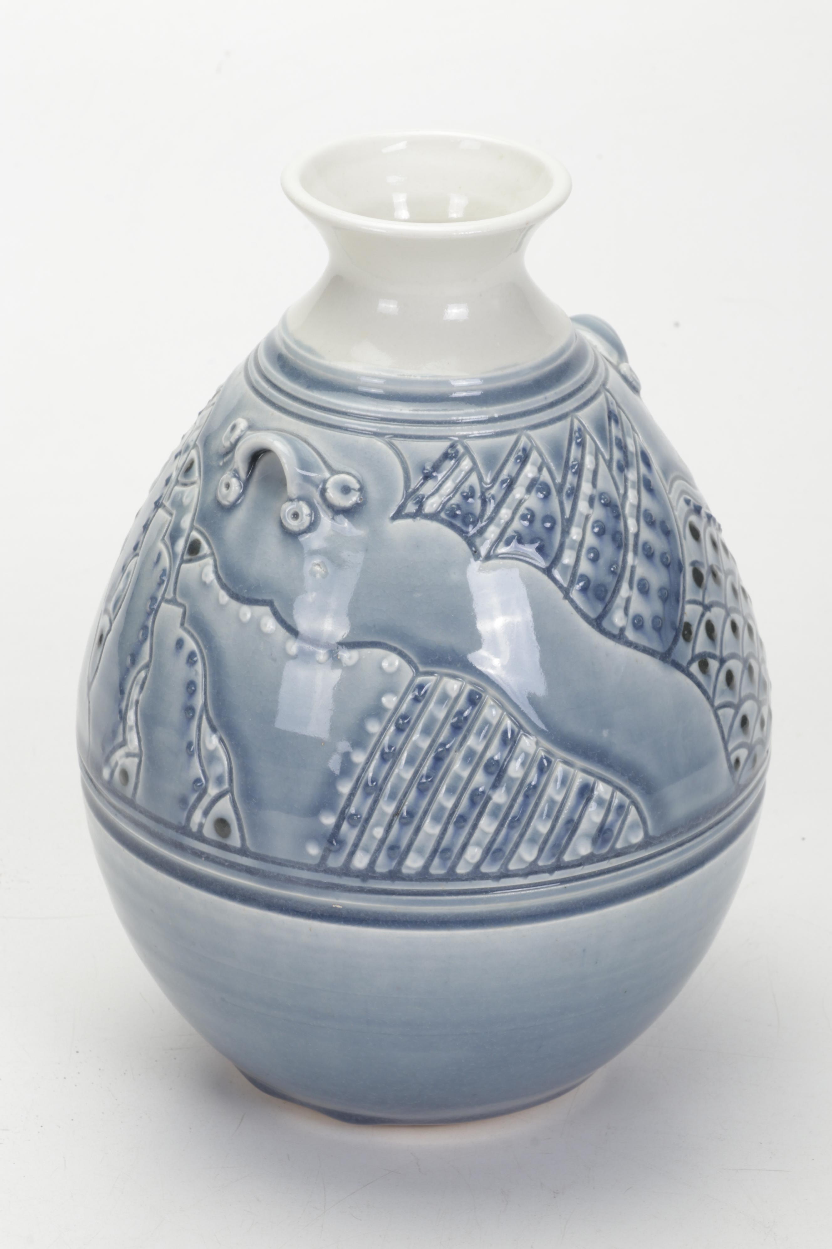 Glazed Art Pottery Vase, Lidded Bowl, and Decorative Plate