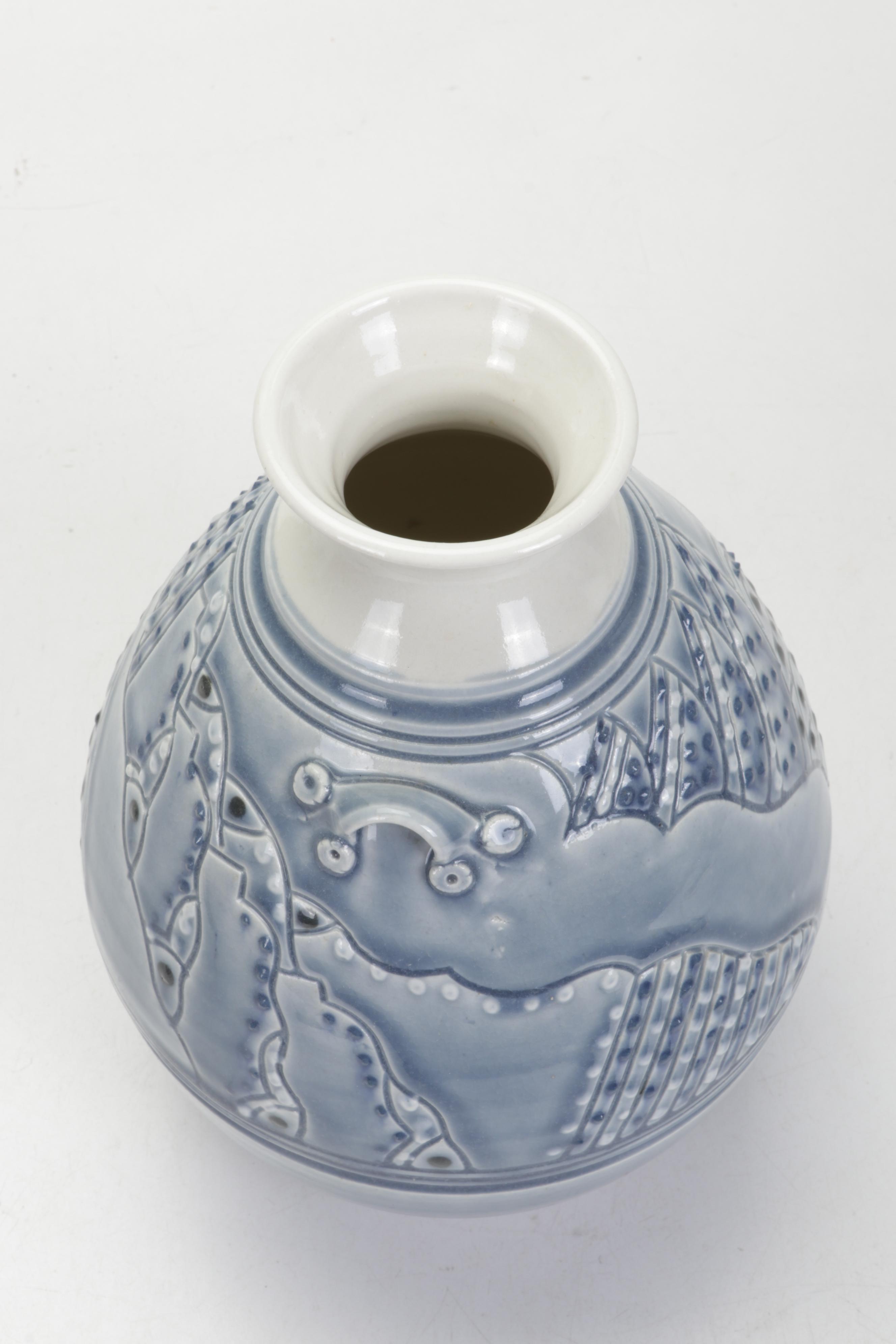 Glazed Art Pottery Vase, Lidded Bowl, and Decorative Plate