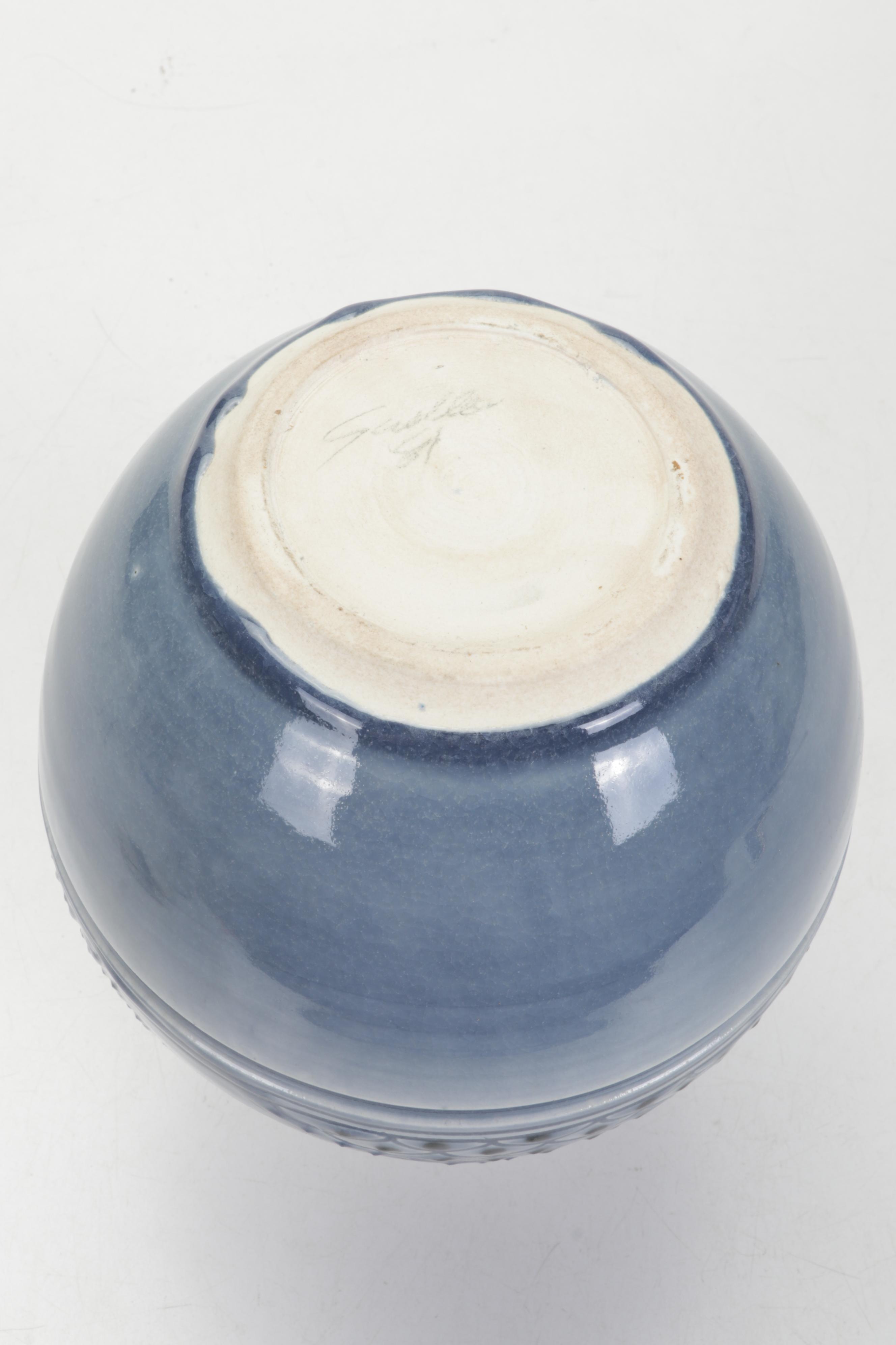 Glazed Art Pottery Vase, Lidded Bowl, and Decorative Plate